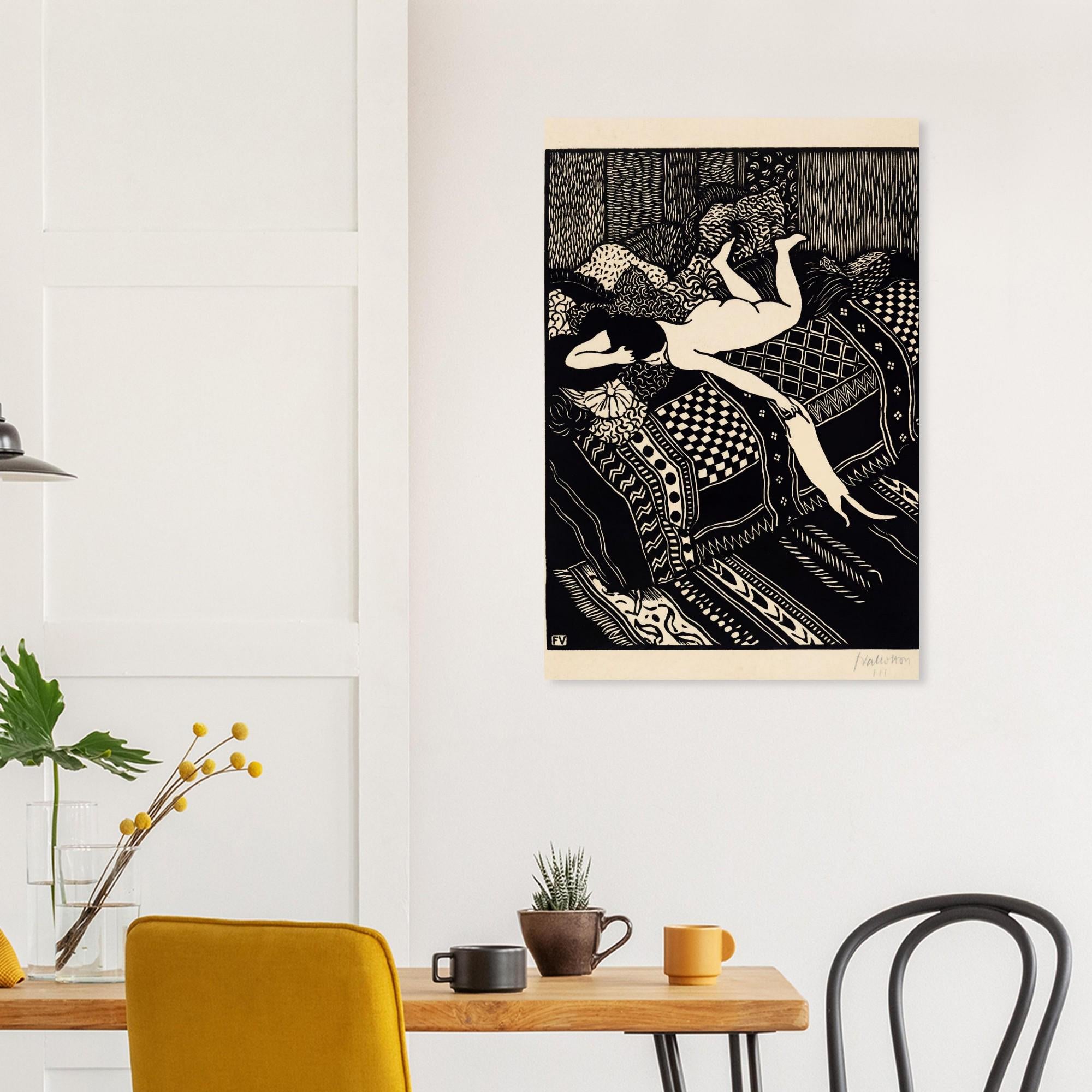 Felix Vallotton La Paresse Art Print | Vintage Woodcut Wall Art | Minimalist Black and White Poster | French Cat Lady Room Decor