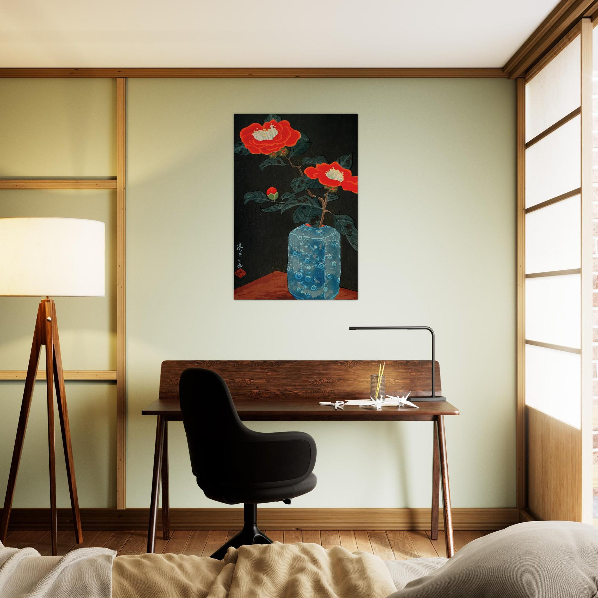 Yoshijiro Urushibara Red Camellia in Blue Vase Japanese Woodblock Print Vintage Botanical Asian Wall Art Woodblock & Asian Art