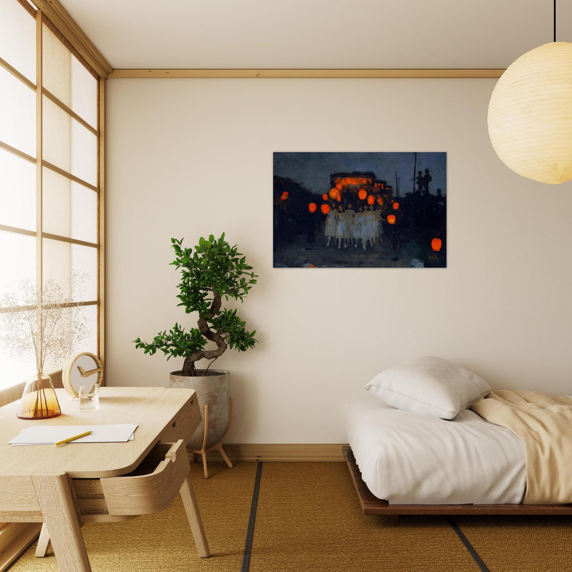Moody Lantern Parade Impressionist Wall Art Print Dark Academia Night Garden Painting Vintage Style Girls Dark Academia Moody