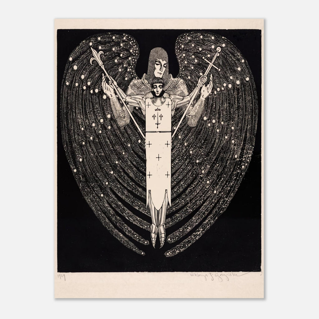 Vintage Archangel Woodcut Print Gothic Angel Wall Art Antique Polish Black and White Celestial Knight Sacred Medieval Icons