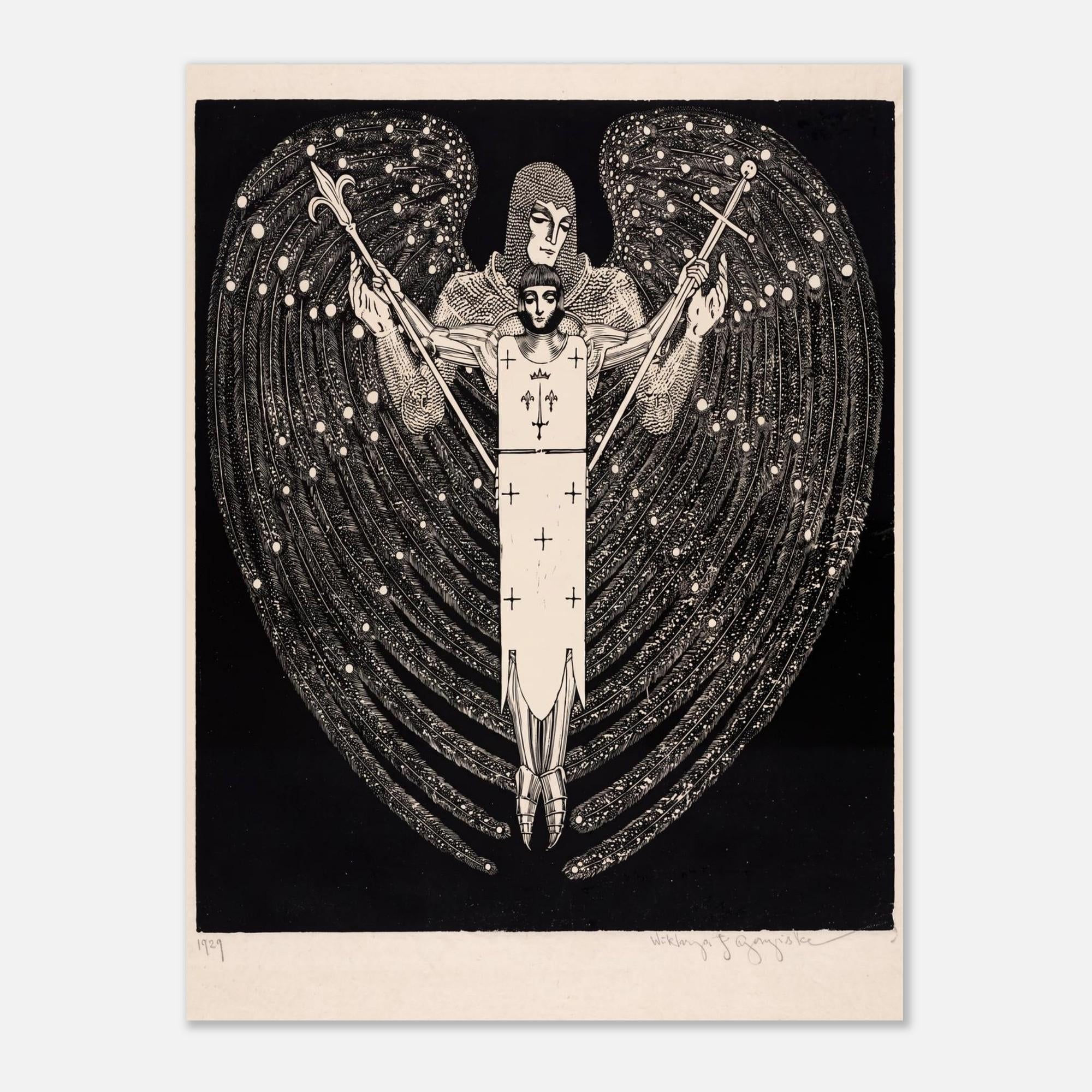 Vintage Archangel Woodcut Print Gothic Angel Wall Art Antique Polish Black and White Celestial Knight Sacred Medieval Icons