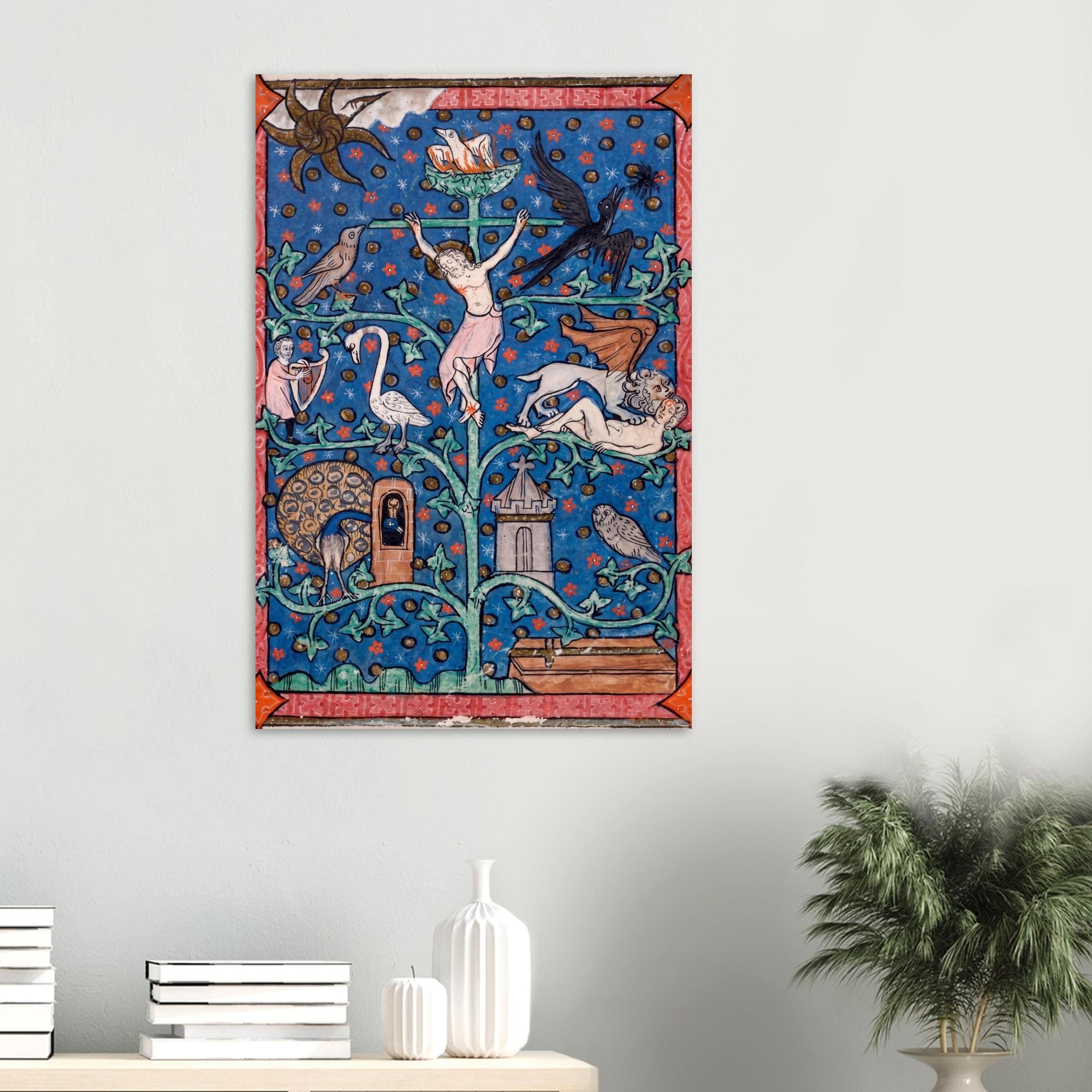 Antique Medieval Manuscript Art Print Illuminated Tree Of Life With Symbolic Animals Macabre Dark Academia Decor Myth Symbolism