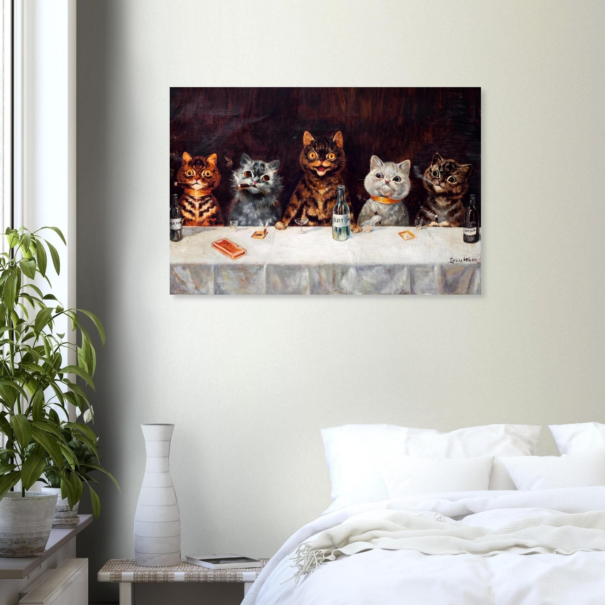 Vintage Louis Wain Cat Print The Bachelor Party Funny Anthropomorphic Feline Wall Art Antique Cat Home Decor Animals and Creatures