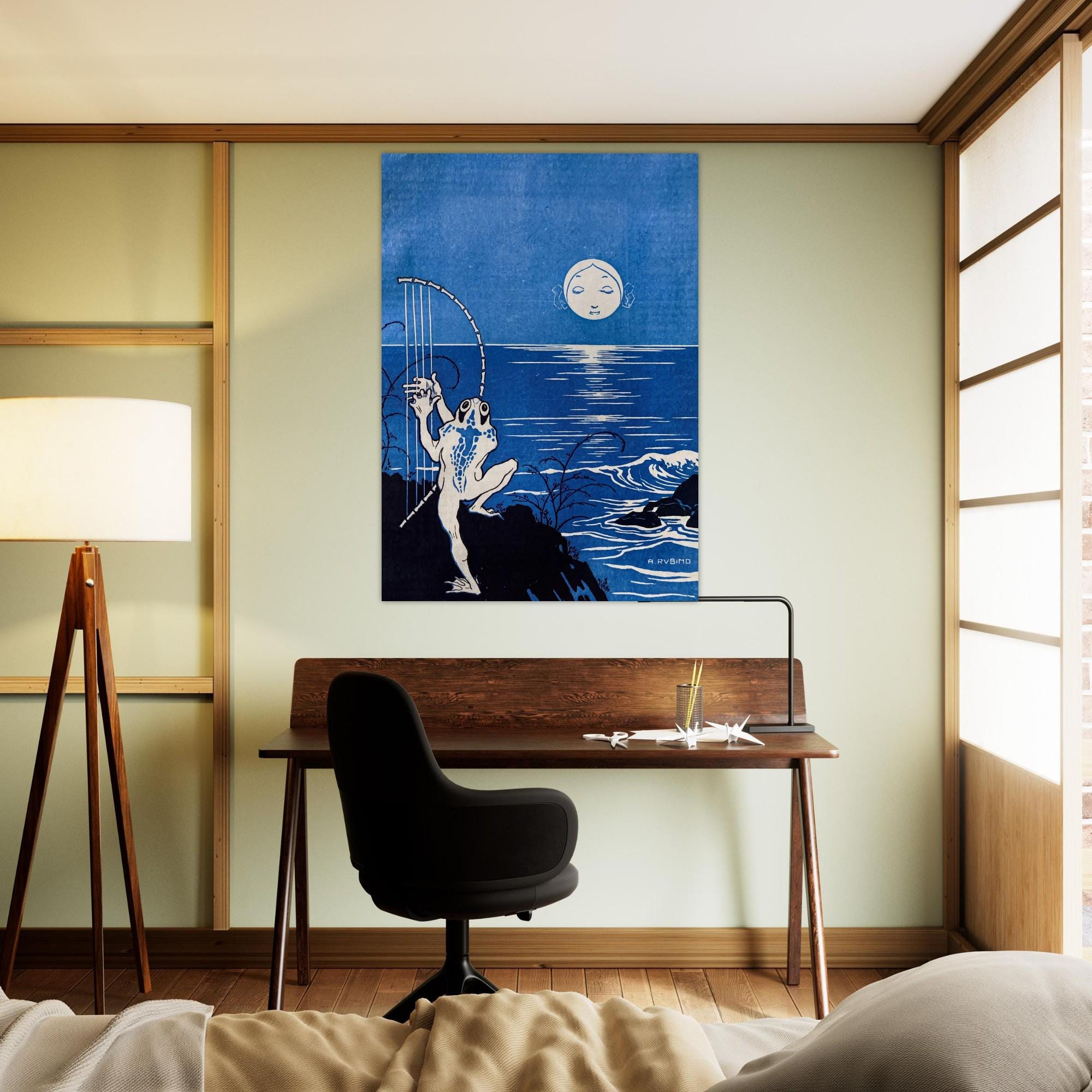 Vintage Frog Playing Bone Harp Under Moon Whimsical Blue Night Pond Poster Dark Cottagecore Animal Art Print Art Nouveau Vintage