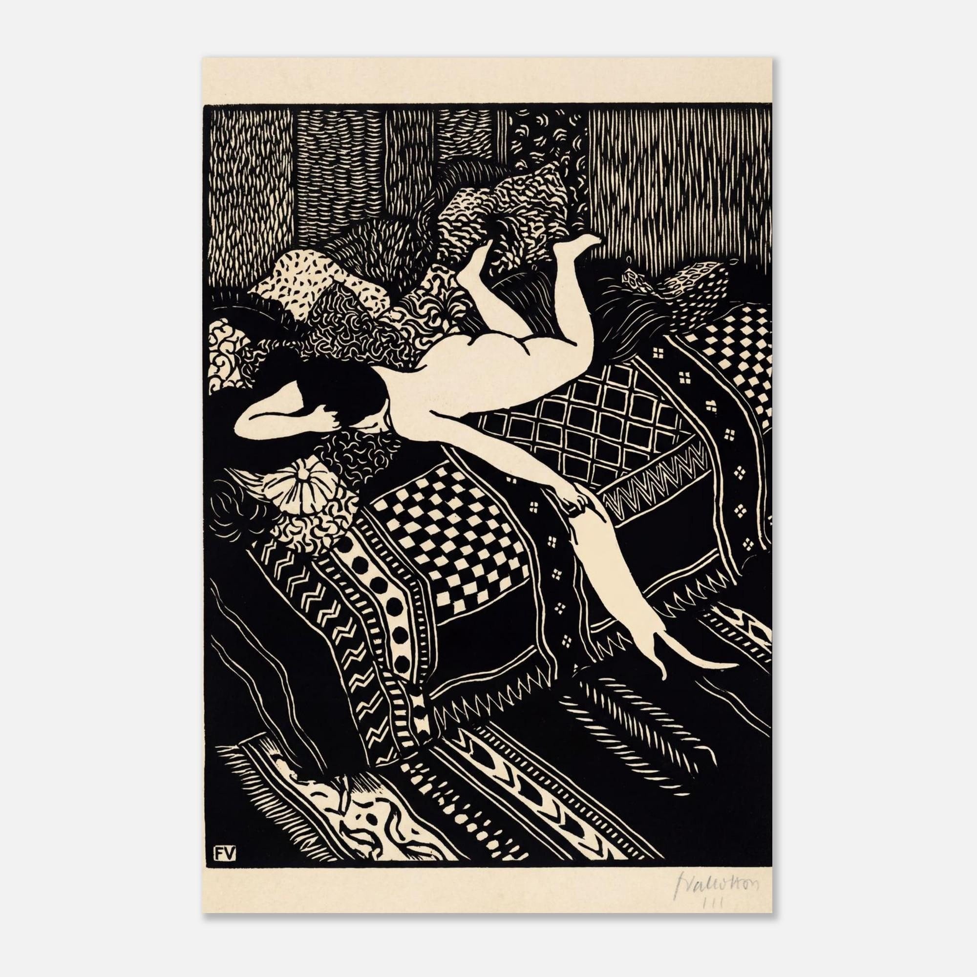 Felix Vallotton La Paresse Art Print | Vintage Woodcut Wall Art | Minimalist Black and White Poster | French Cat Lady Room Decor