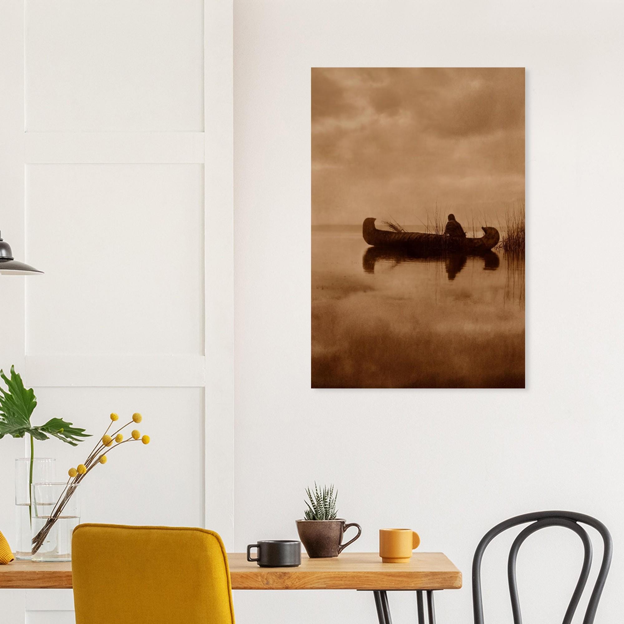 Edward Curtis Kutenai Duck Hunter Print | Native American Canoe Art | Vintage Sepia Wall Art | Rustic Western Home Decor Art Print