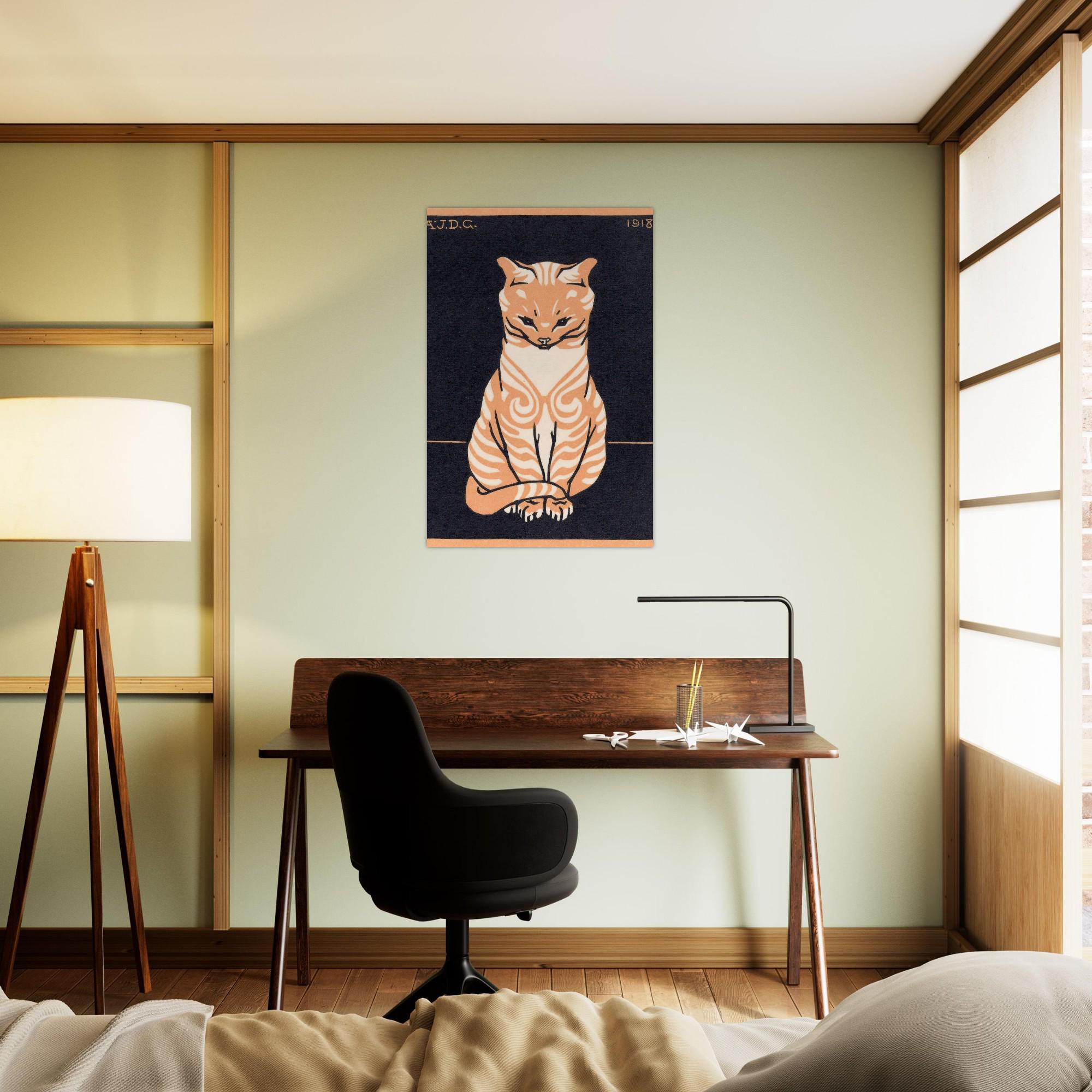 Julie de Graag Sitting Cat 1918 Vintage Woodcut Art Print Orange Tabby Feline Woodblock Poster Retro Wall Art Animals Creatures