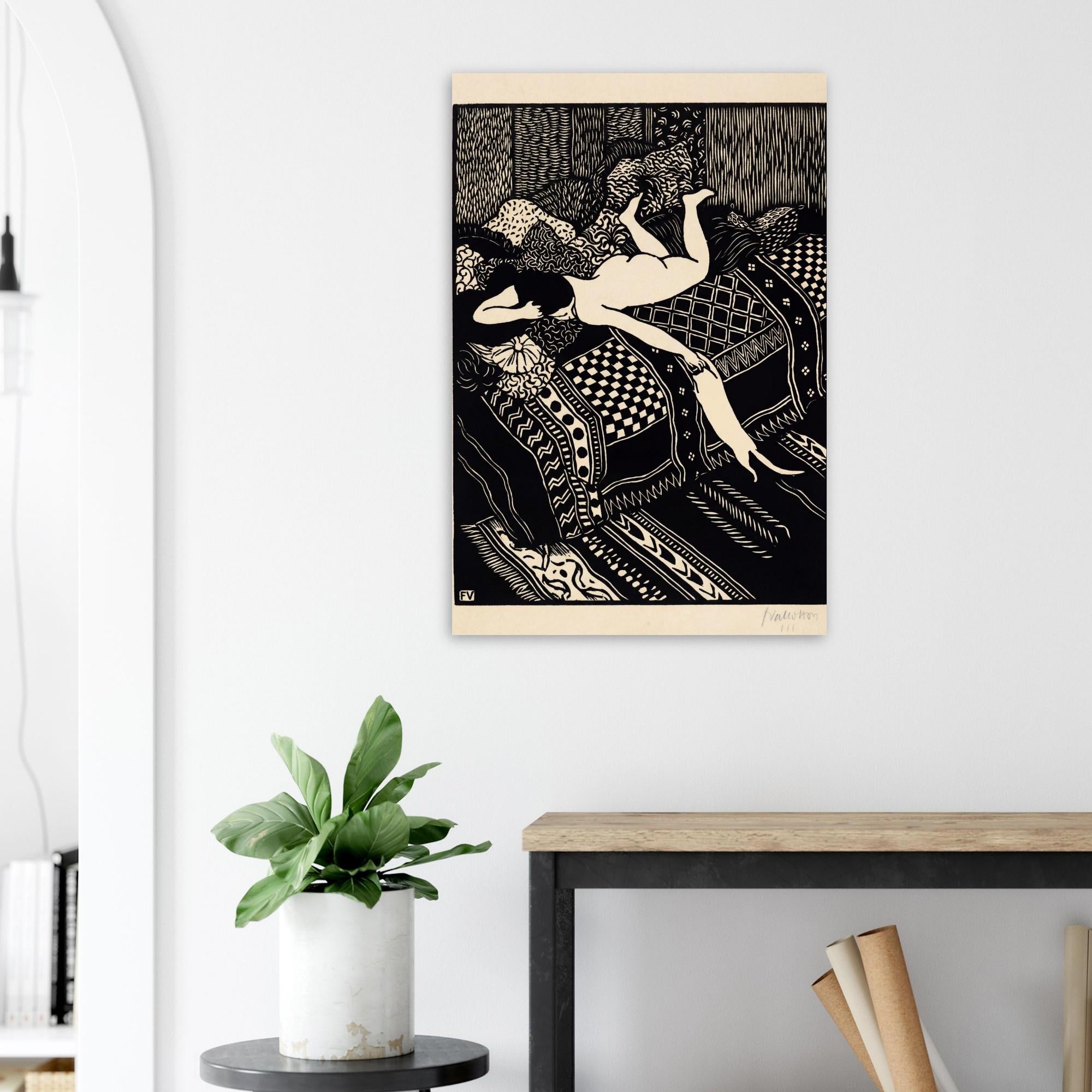 Felix Vallotton La Paresse Art Print | Vintage Woodcut Wall Art | Minimalist Black and White Poster | French Cat Lady Room Decor