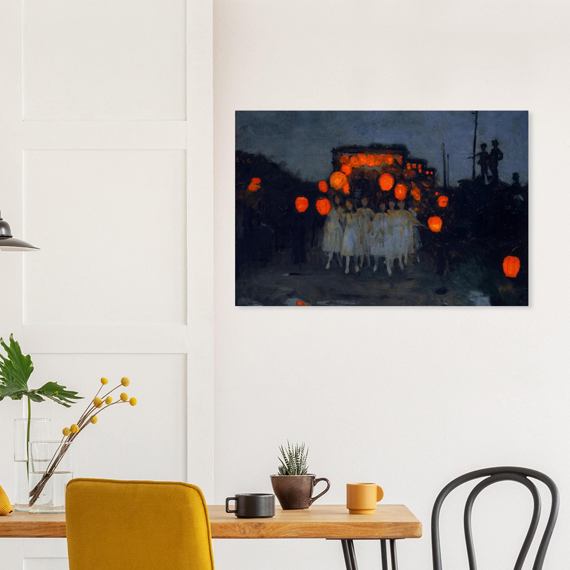 Moody Vintage Lantern Parade Art Print | Dark Academia Wall Art | Night Procession Oil Painting | Victorian Impressionist Decor