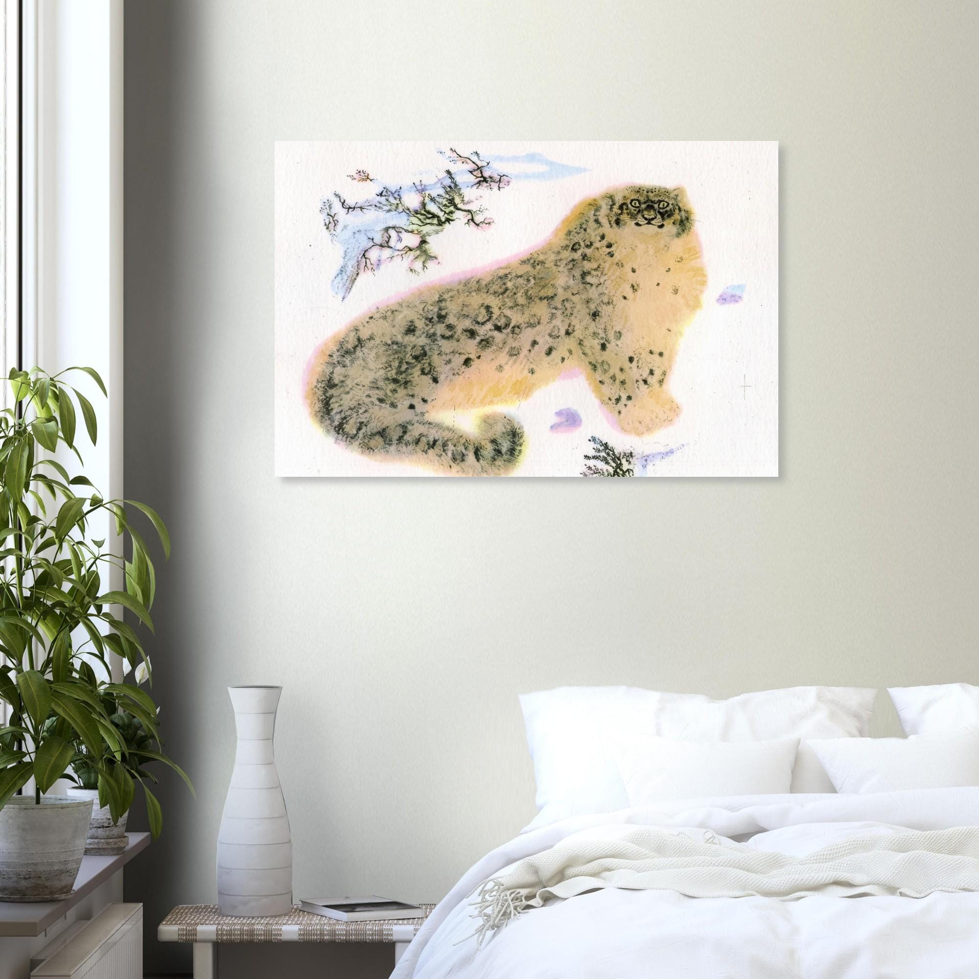 Vintage Snow Leopard Asian Art Print Traditional Sumi e Ink Wash Painting Minimalist Animal Wall Decor Woodblock Asian Art