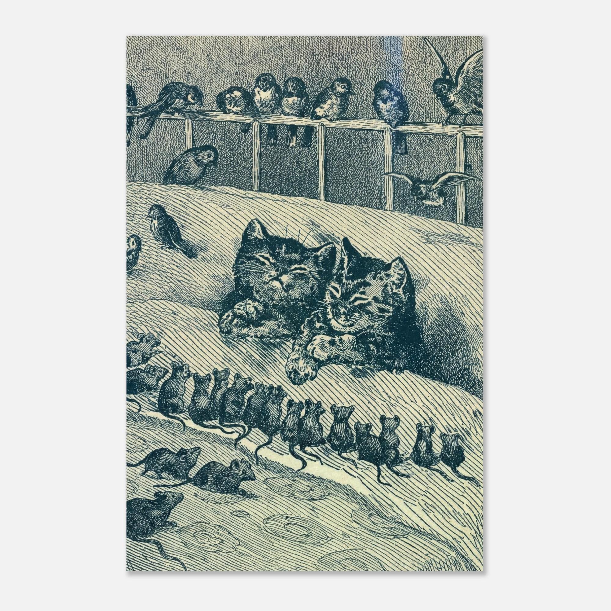 Vintage Cat Print Sleeping Kittens Victorian Illustration Antique Animal Sketch Black and White Wall Art Dark Academia & Moody