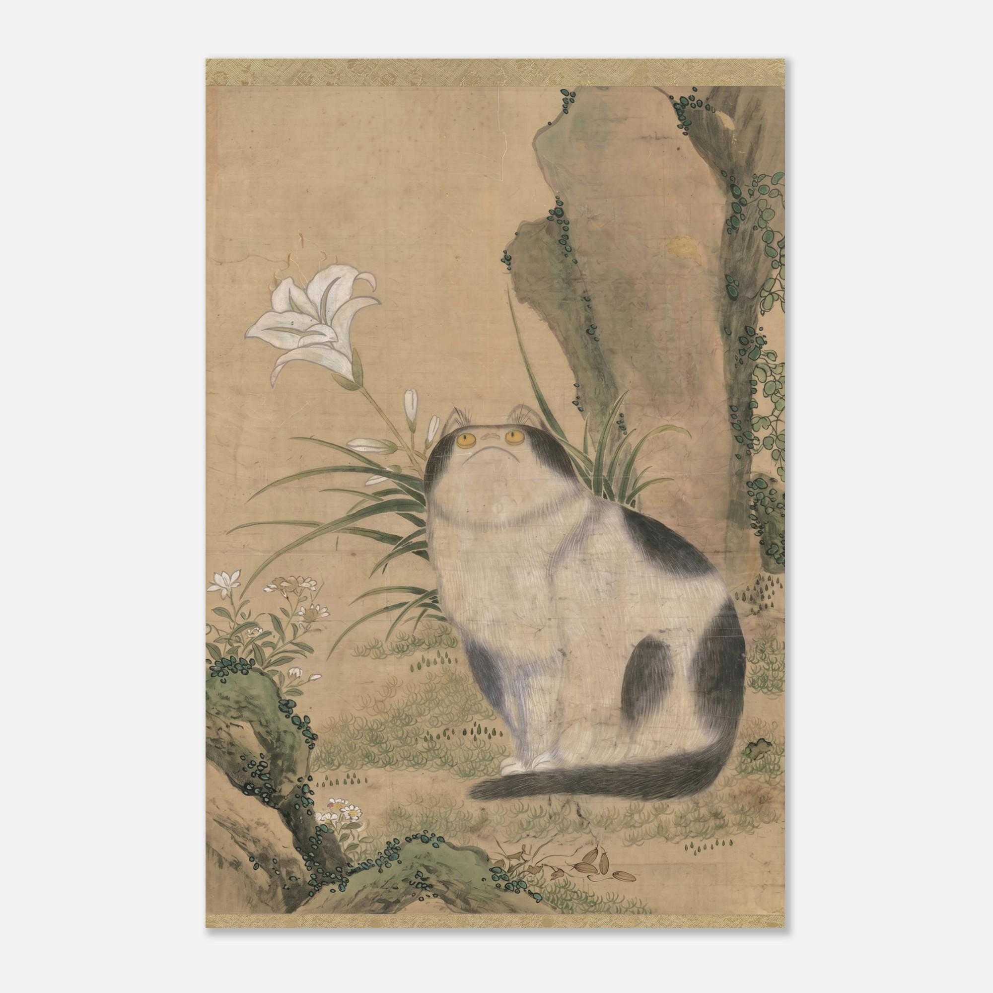 Vintage Korean Cat Art Print Derpy Joseon Dynasty Cat with White Lily Painting Antique Asian Wall Decor Poster Woodblock & Asian Art DYHlW