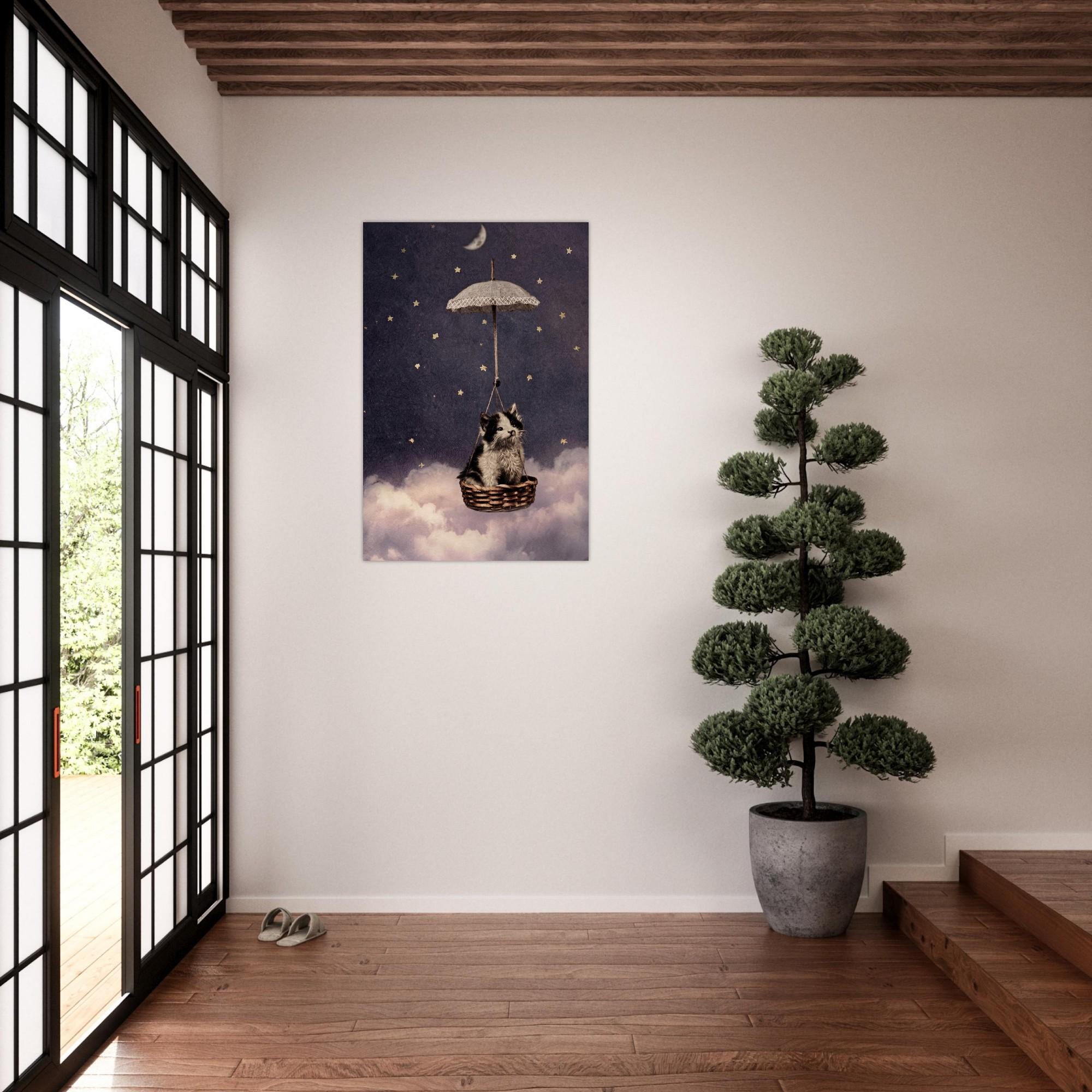 Vintage Whimsical Cat Art Print Antique Kitten in Flying Basket with Umbrella and Stars Black and White Wall Art Animals & Creatures bb984