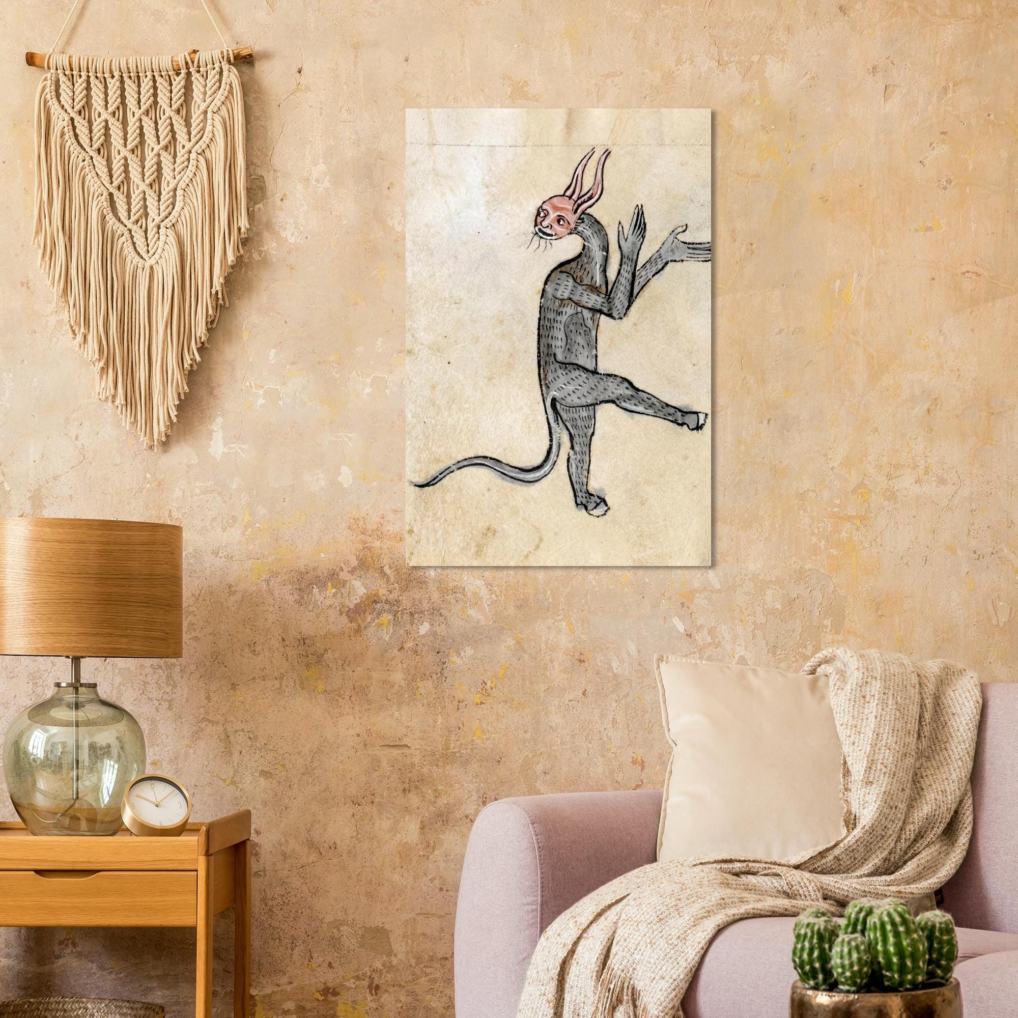 Weird Medieval Hybrid Creature Art Print, Oddity Marginalia Dancing Beast Poster, Illuminated Manuscript, Animals & Creatures