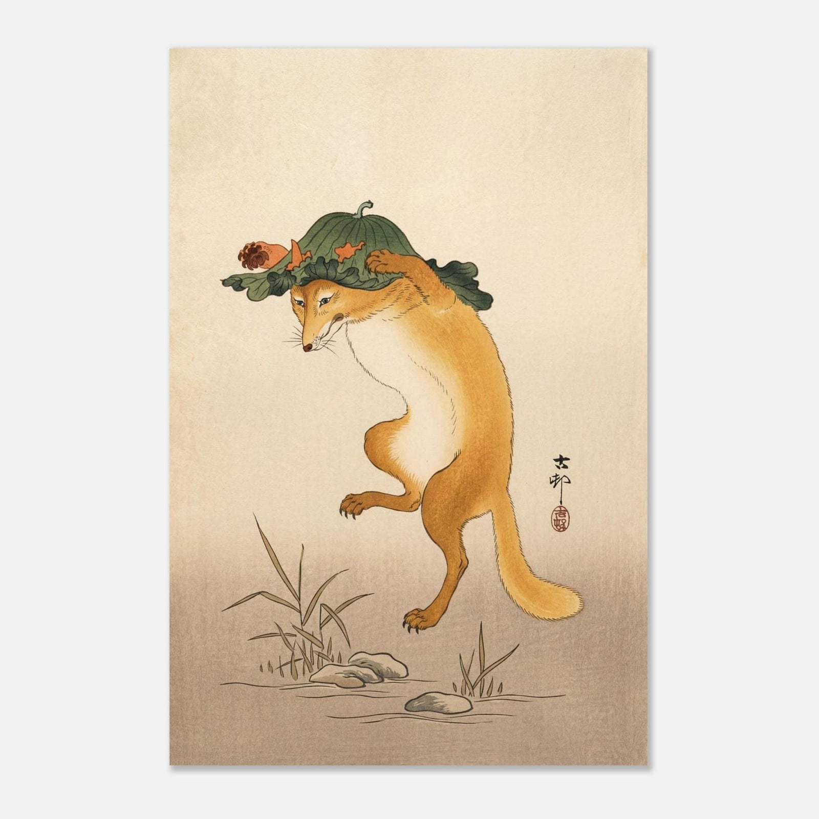Dancing Fox with Lotus Leaf Hat Ohara Koson Art Print Vintage Japanese Woodblock Painting Kitsune Poster Woodblock & Asian Art