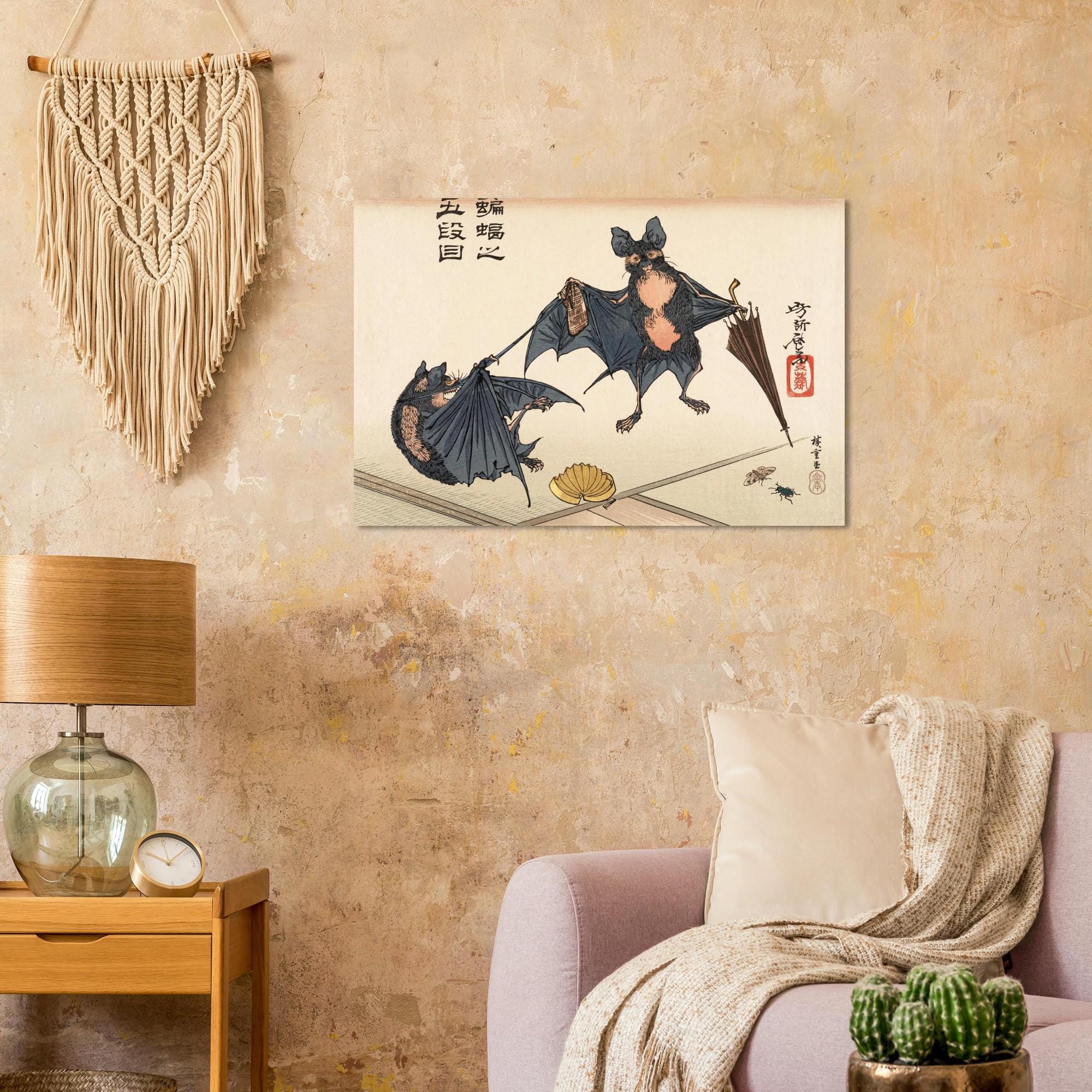 Vintage Japanese Bat Art Print Tsukioka Yoshitoshi Bats with Umbrella Woodblock Poster 1882 Antique Decor Woodblock & Asian Art