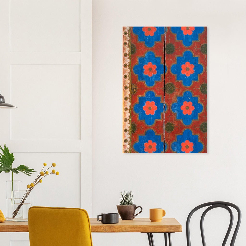 Medieval Floral Pattern Art Print Red Blue Gold Folk Art Rosette Wall Decor Antique Wooden Ceiling Motif - Folk & Naive Art