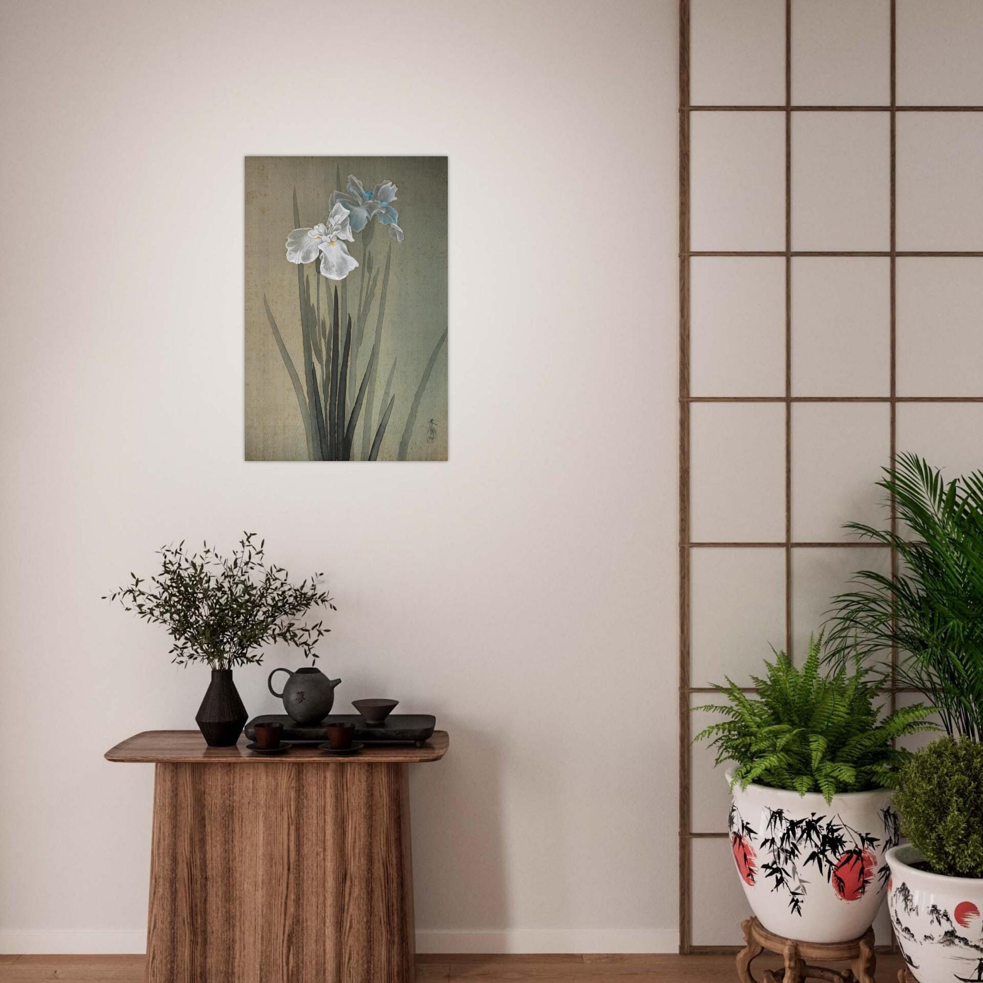 Vintage Japanese Iris Painting Sakai Doitsu Blue White Floral Wall Art Zen Botanical Antique Silk Print Woodblock Asian Art
