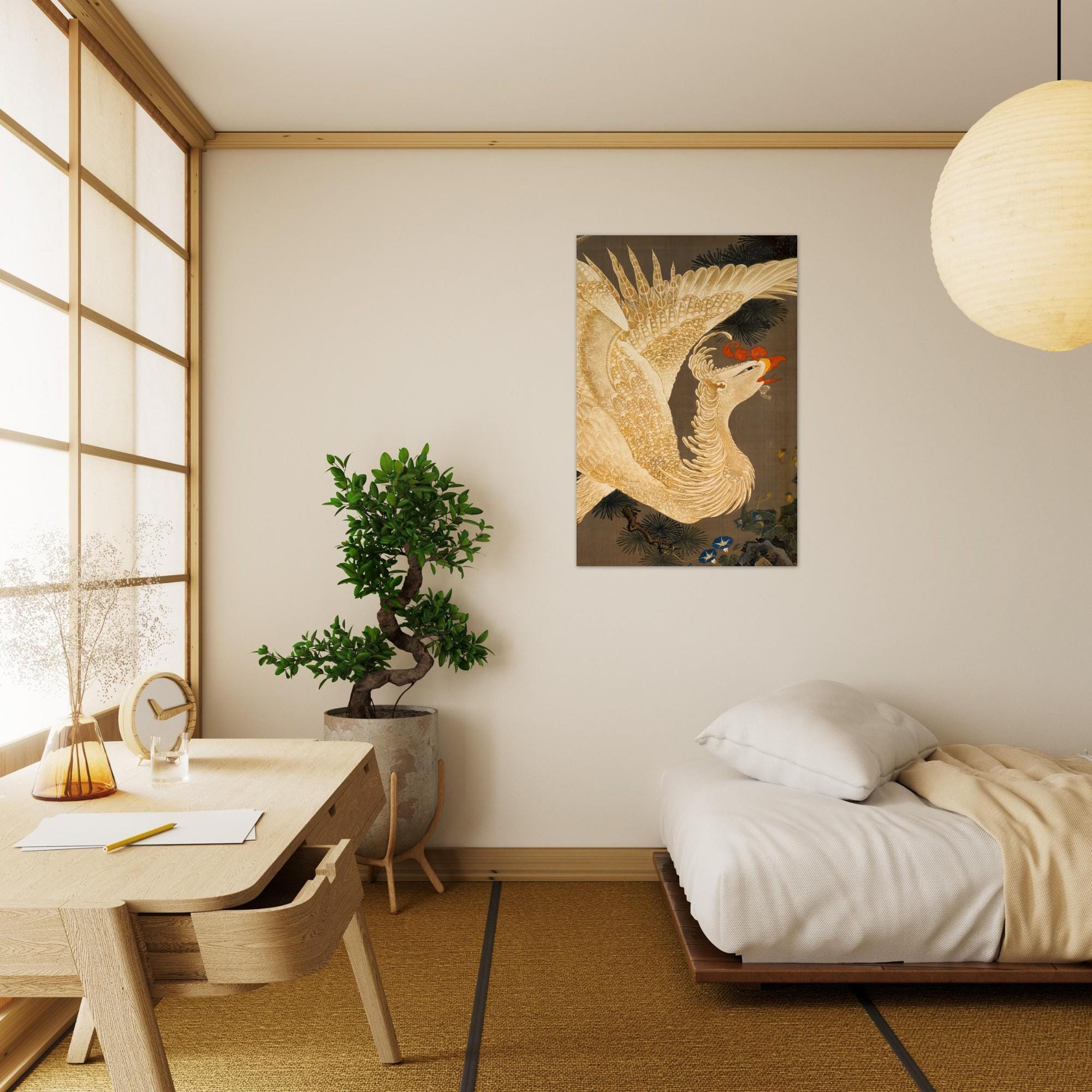 White Phoenix Japanese Art Print Ito Jakuchu Vintage Bird Poster Old Pine Tree Zen Wall Decor Woodblock & Asian Art c1d5b