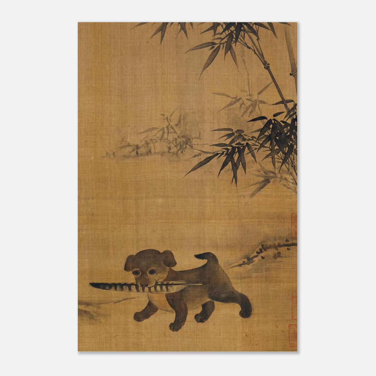 Adorable Puppy with Pheasant Feather Art Print | Vintage Korean Joseon Dynasty Wall Art | Traditional Asian Ink Painting Decor