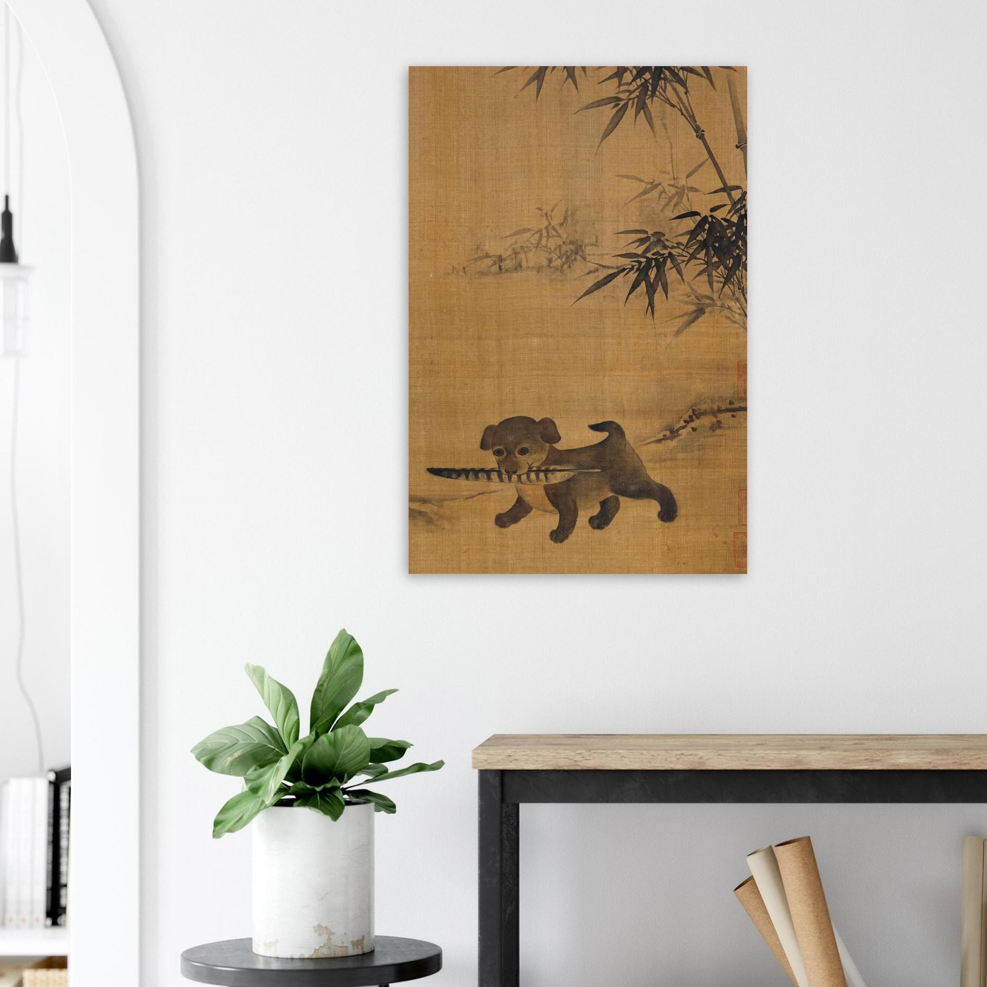Adorable Puppy with Pheasant Feather Art Print | Vintage Korean Joseon Dynasty Wall Art | Traditional Asian Ink Painting Decor