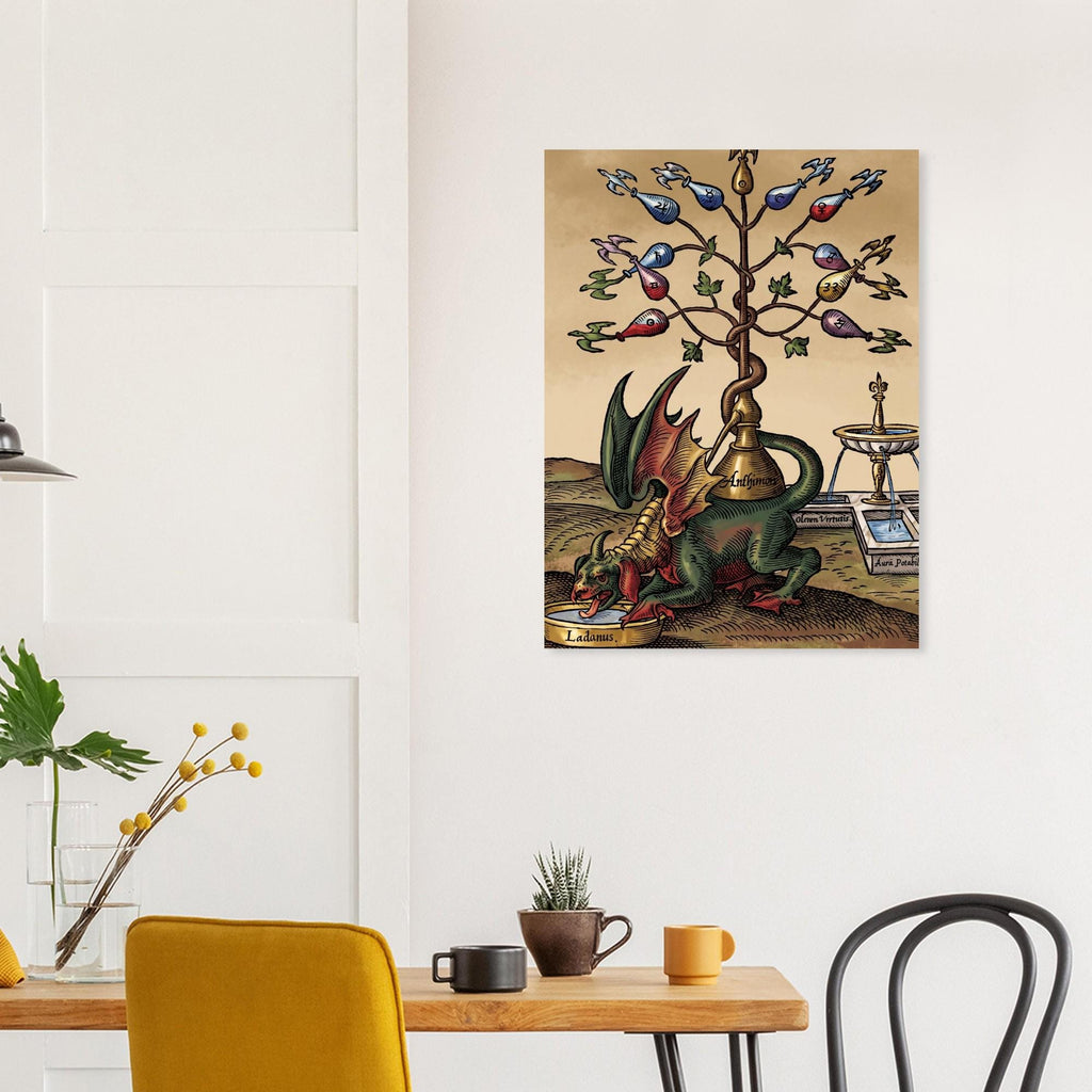 Vintage Alchemical Dragon Art Print Occult Tree of Life Woodcut Illustration Alchemy Distillation Poster Myth Symbolism