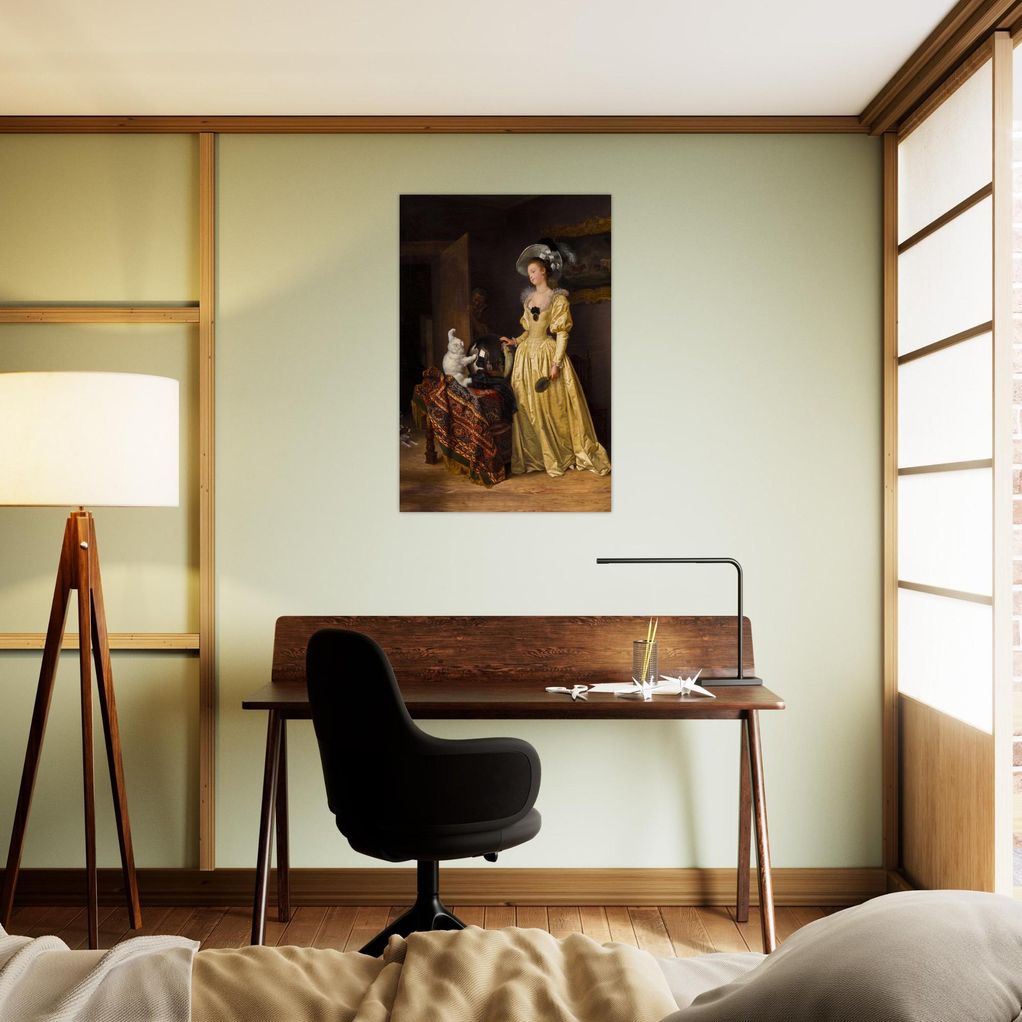 Vintage Fortune Teller Art Print Woman in Yellow Dress with White Cat Crystal Ball Moody Dark Academia Wall Art Portraits Figures