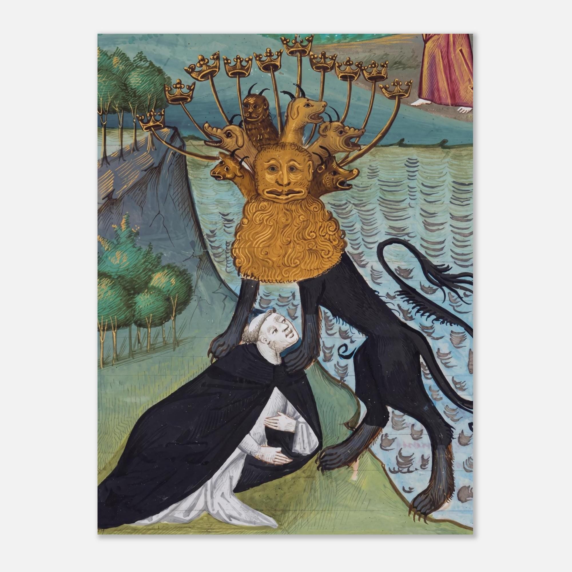 Seven Headed Beast Art Print Medieval Apocalypse Illuminated Manuscript Poster Book Of Revelation Wall Decor Myth And Symbolism