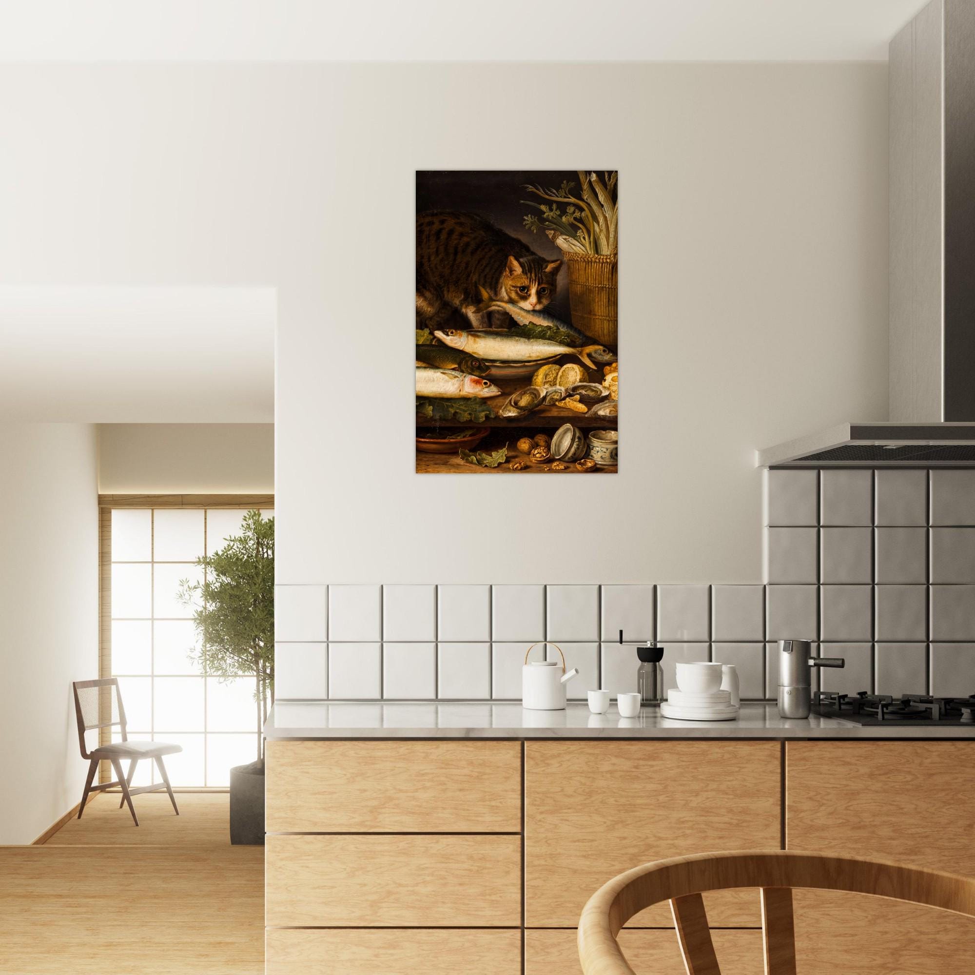 Moody Cat Stealing Fish Still Life Art Print Clara Peeters Antique Kitchen Decor Vintage Animal Painting Dark Academia Moody