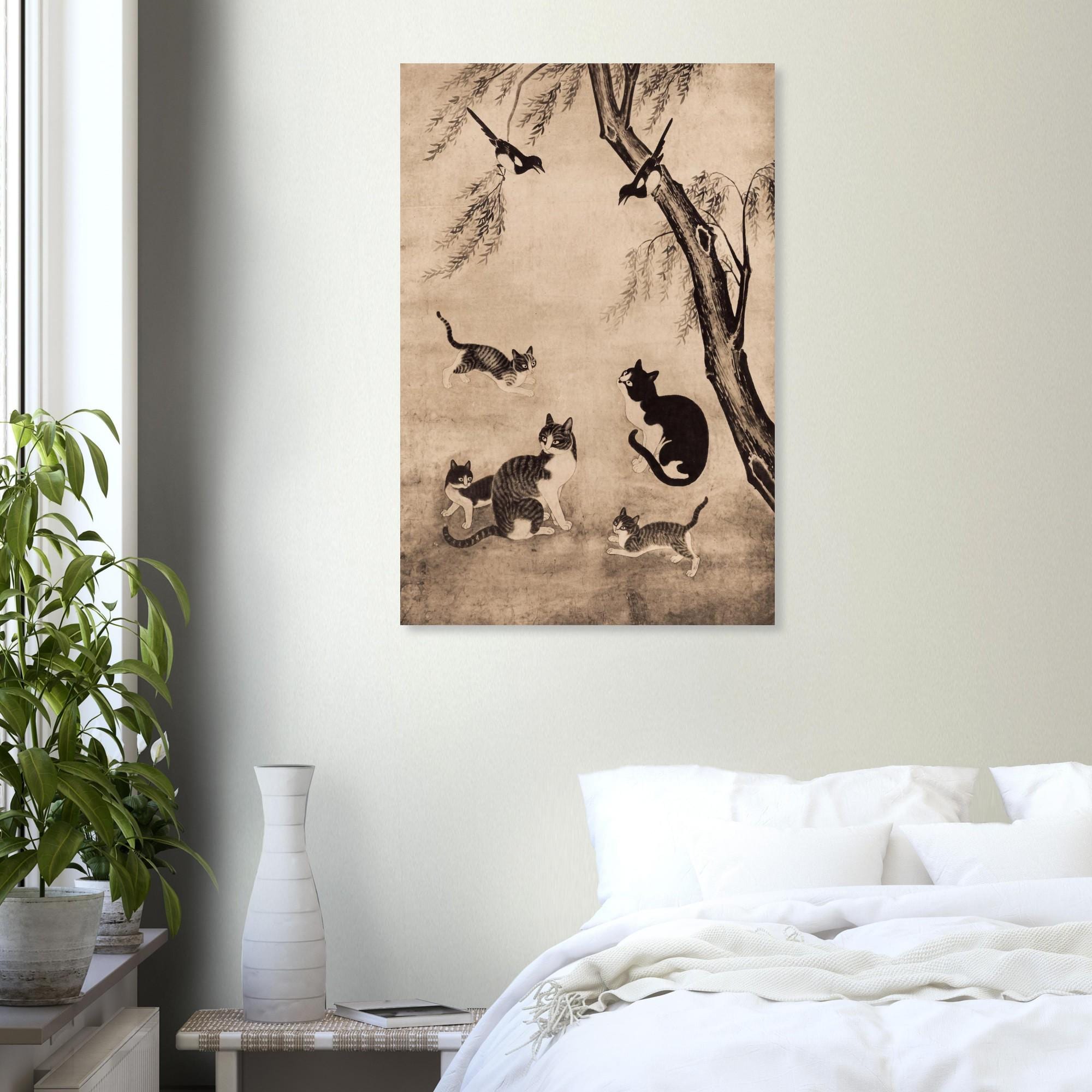 Vintage Korean Cat Art Print Myojakdo Joseon Dynasty Animal Painting Antique Asian Wall Decor Sparrow Bird Woodblock Asian Art