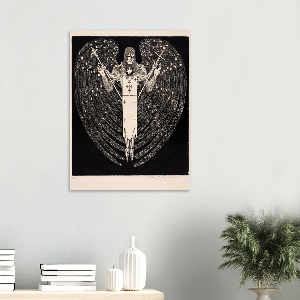 Vintage Archangel Woodcut Print Gothic Angel Wall Art Antique Polish Black and White Celestial Knight Sacred Medieval Icons