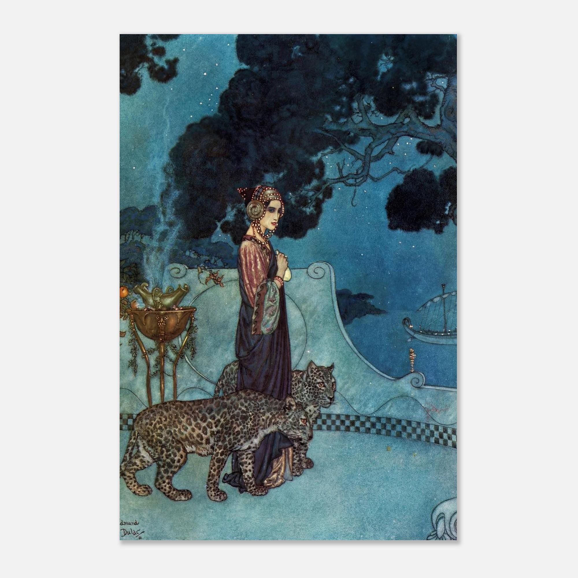 Circe with Leopards Vintage Art Nouveau Print Edmund Dulac Mythological Goddess Wall Art Dark Academia Moody Blue Decor Myth & Symbolism
