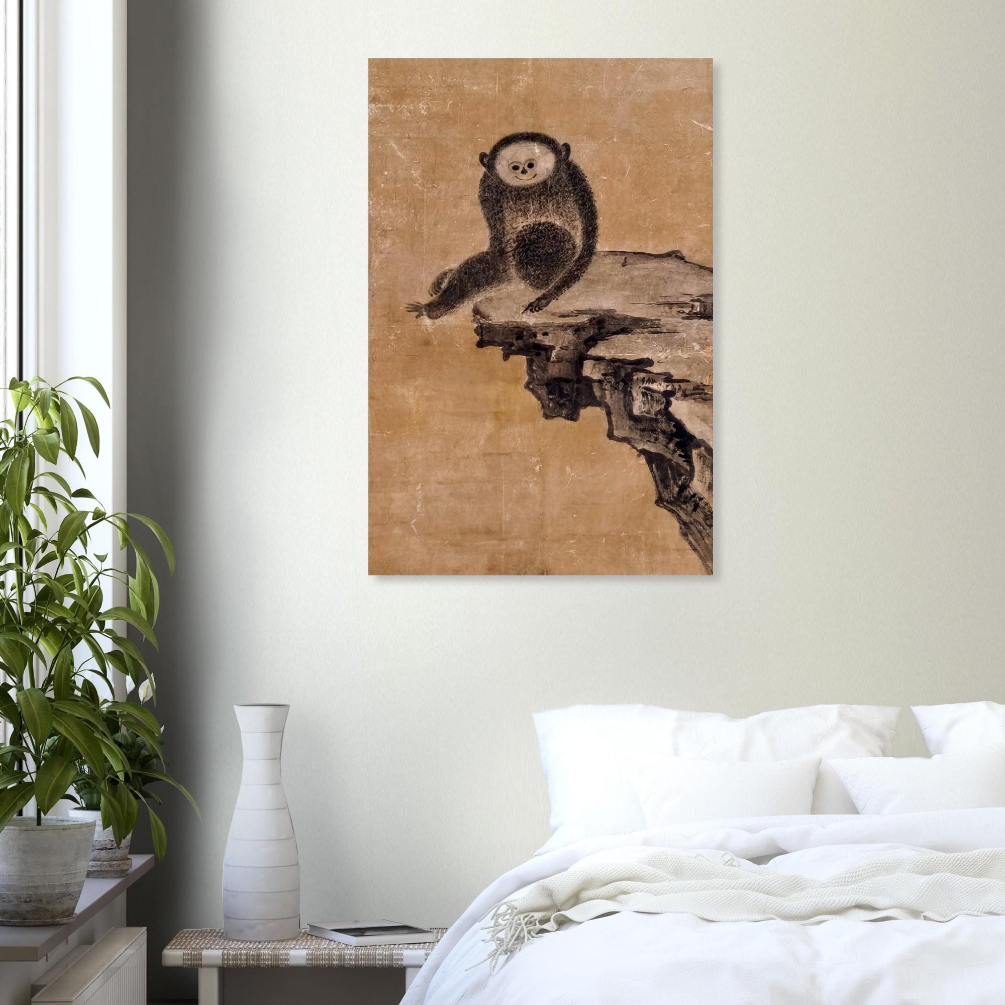 Japanese Zen Monkey Art Print | Minimalist Ink Wash Wall Art | Muqi Gibbon Painting | Wabi Sabi Animal Decor | Smiling Monkey Art