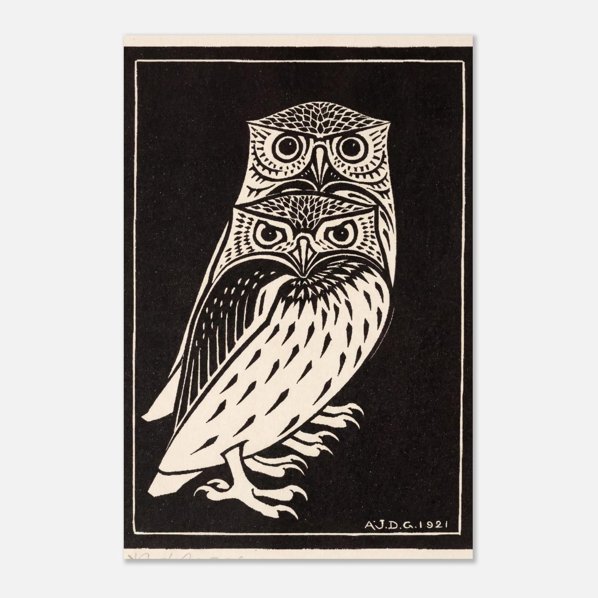 Two Owls by Julie de Graag Fine Art Print, Vintage Owl Art, Craftsman Decor, Antique Woodcut, Bird Wall Art, Animal Artwork, Black