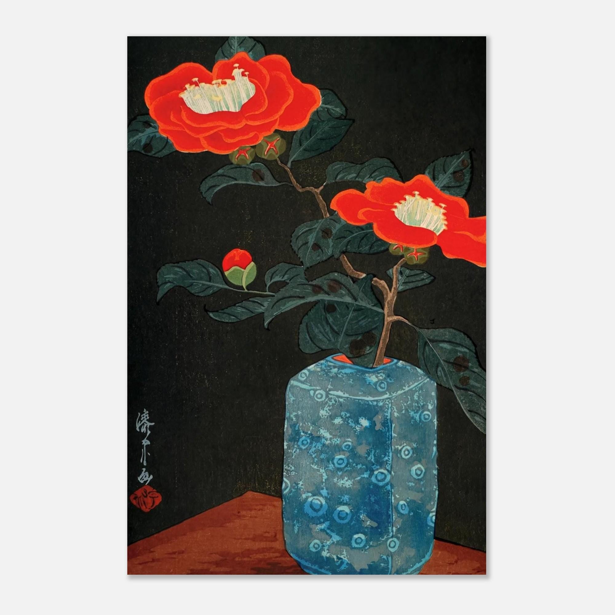 Yoshijiro Urushibara Red Camellia in Blue Vase Japanese Woodblock Print Vintage Botanical Asian Wall Art Woodblock & Asian Art