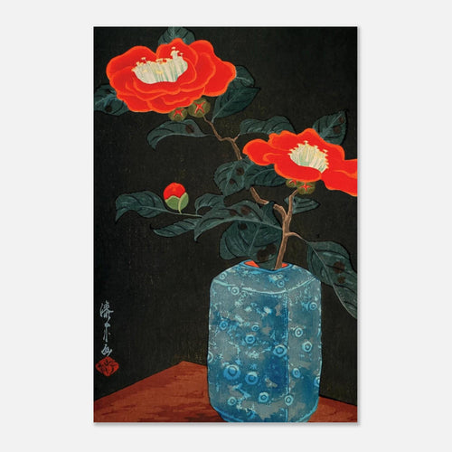 Yoshijiro Urushibara Red Camellia in Blue Vase Japanese Woodblock Print Vintage Botanical Asian Wall Art Woodblock & Asian Art