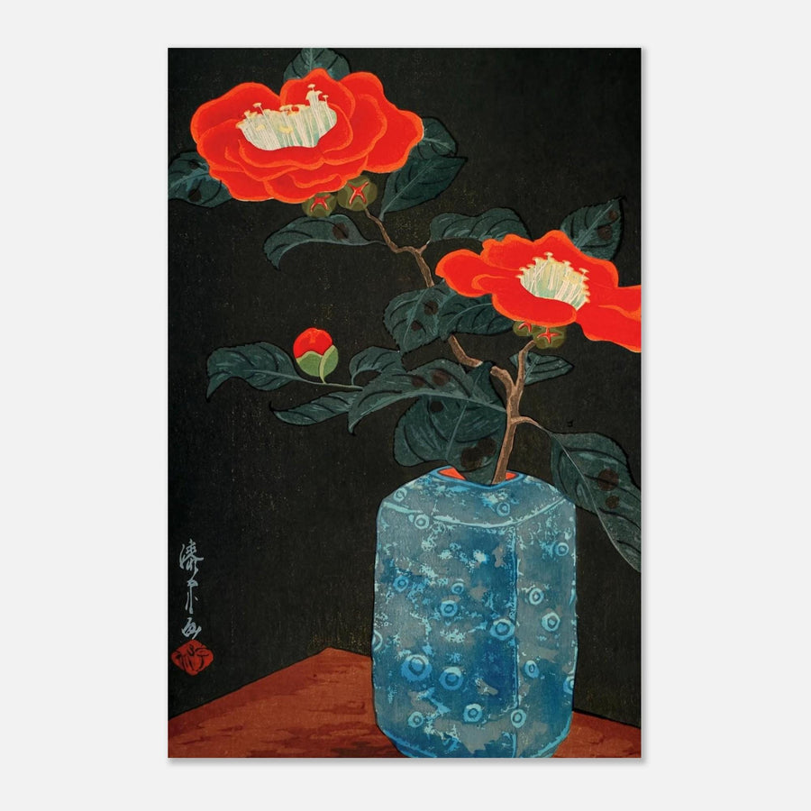 Yoshijiro Urushibara Red Camellia in Blue Vase Japanese Woodblock Print Vintage Botanical Asian Wall Art Woodblock & Asian Art