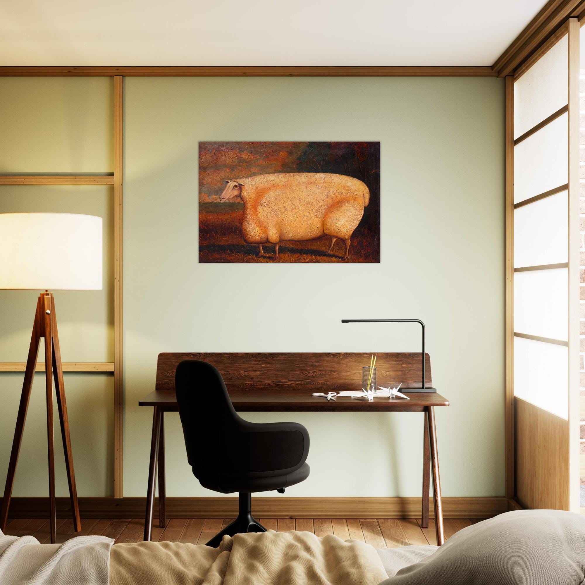 Vintage Fat Sheep Oil Painting Poster Antique Farmhouse Country Livestock Primitive Cottagecore Canvas Print Wall Animals Creatures