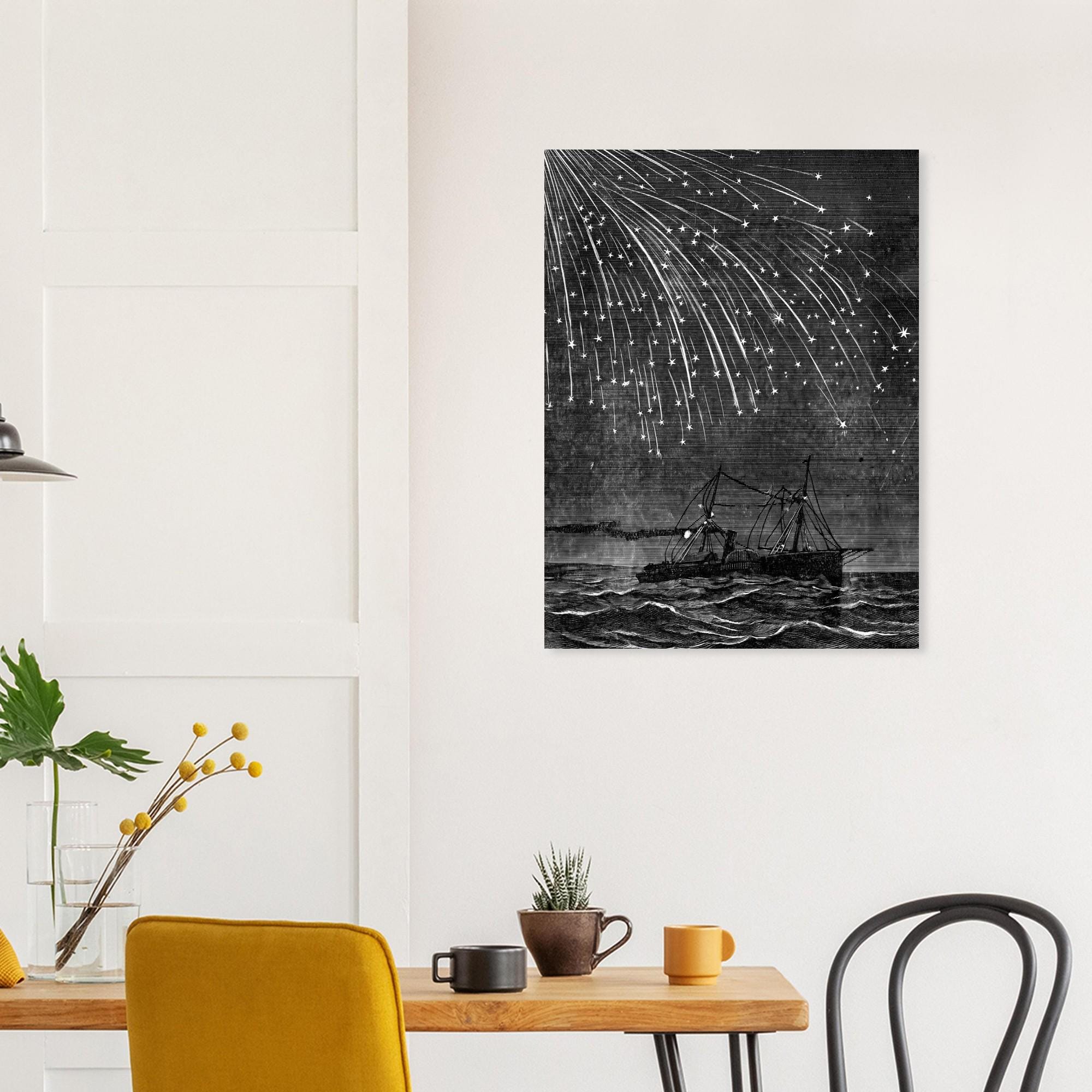 Vintage Meteor Shower Print Shooting Stars Night Sky Wall Art Antique Celestial Engraving Ship At Sea Poster Celestial Astronomy