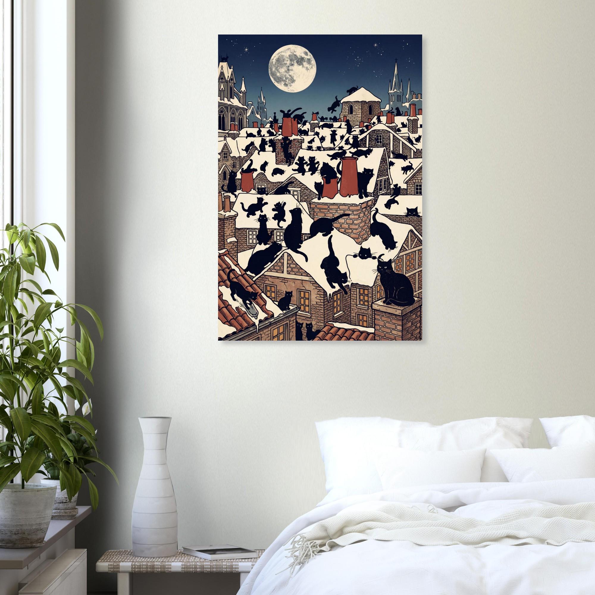 Vintage Black Cat Art Print Edwardian Rooftop Snowy Night Illustration Antique Christmas Feline Decor Art Nouveau & Vintage
