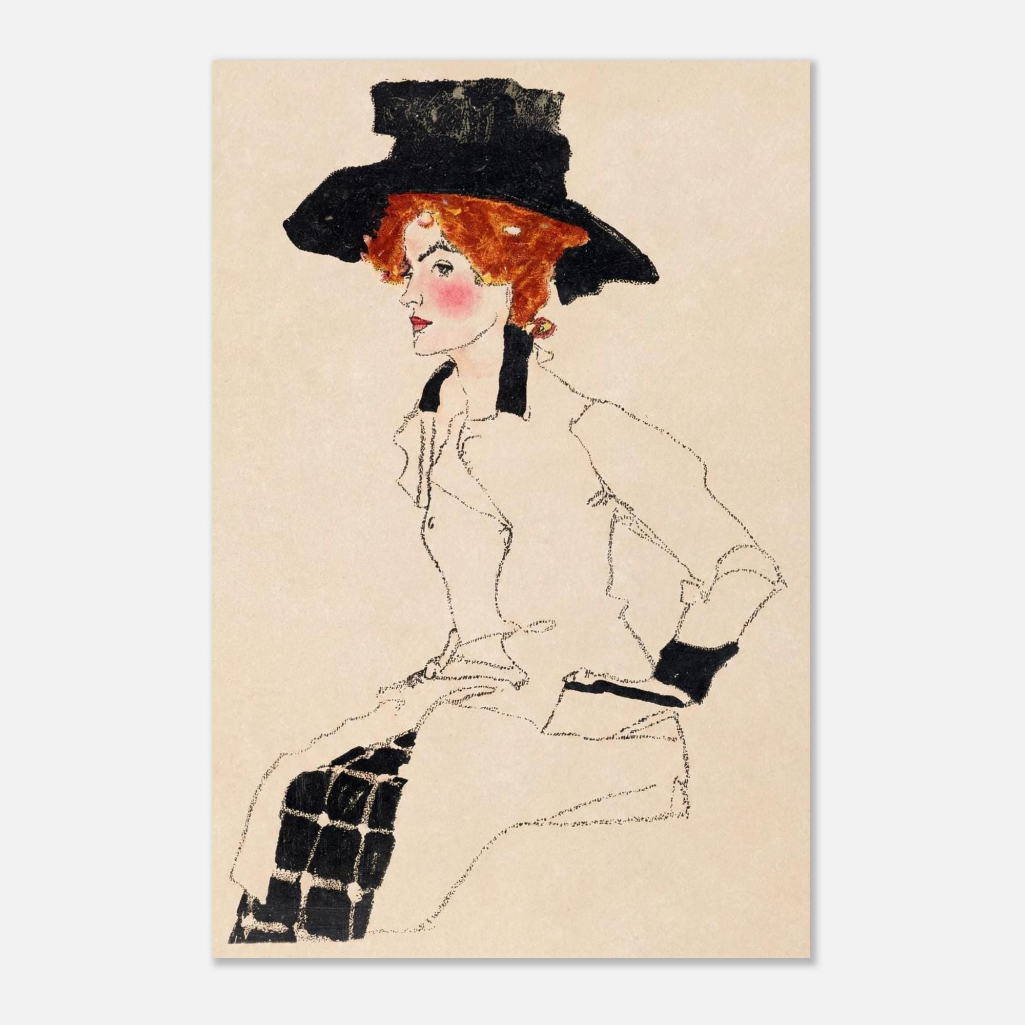 Egon Schiele Portrait of Gertrude Red Hair Woman in Large Hat Fine Art Print Vintage Sketch Moody Wall Decor Portraits Figures