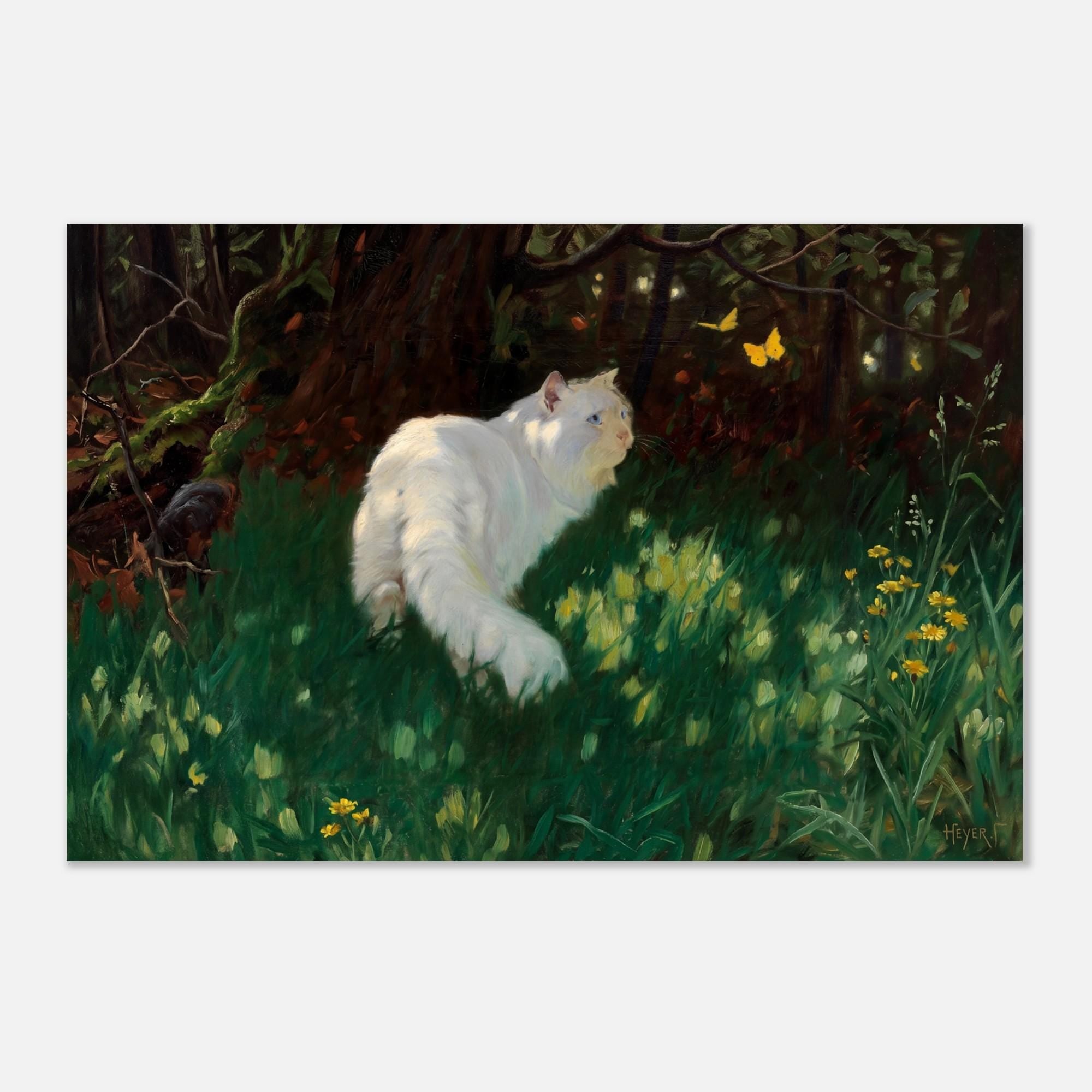 Vintage White Cat Painting Art Print Arthur Heyer Butterflies Wall Decor Cottagecore Feline Poster Gift Animals Creatures