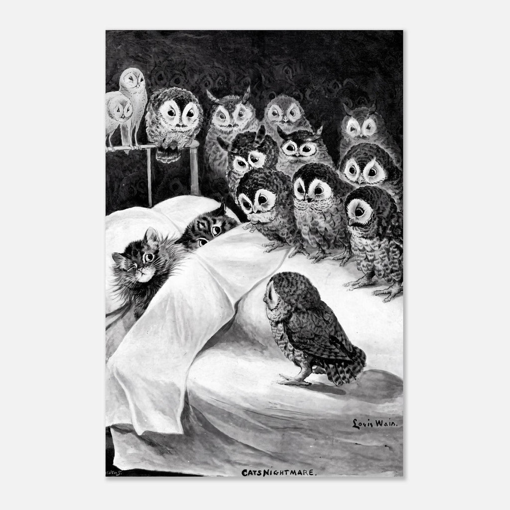Louis Wain Cats Nightmare Vintage Cat Print Victorian Gothic Wall Art Surreal Owl Illustration Eccentric Animals Creatures
