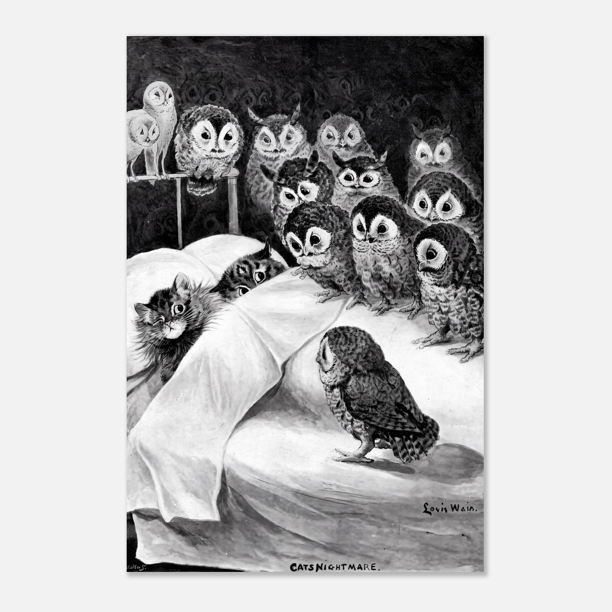 Louis Wain Cats Nightmare Vintage Cat Print Victorian Gothic Wall Art Surreal Owl Illustration Eccentric Animals Creatures