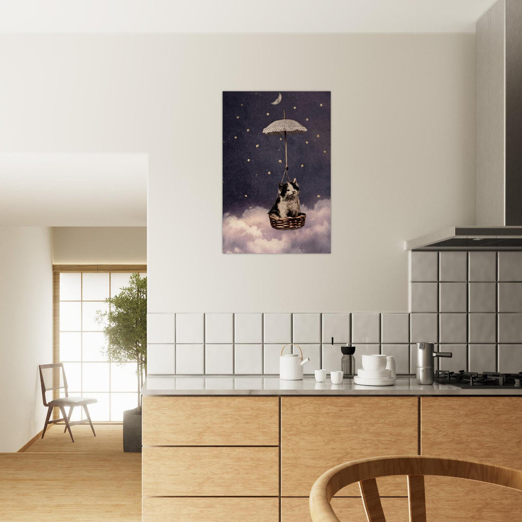 Vintage Whimsical Cat Art Print Antique Kitten in Flying Basket with Umbrella and Stars Black and White Wall Art Animals & Creatures bb984