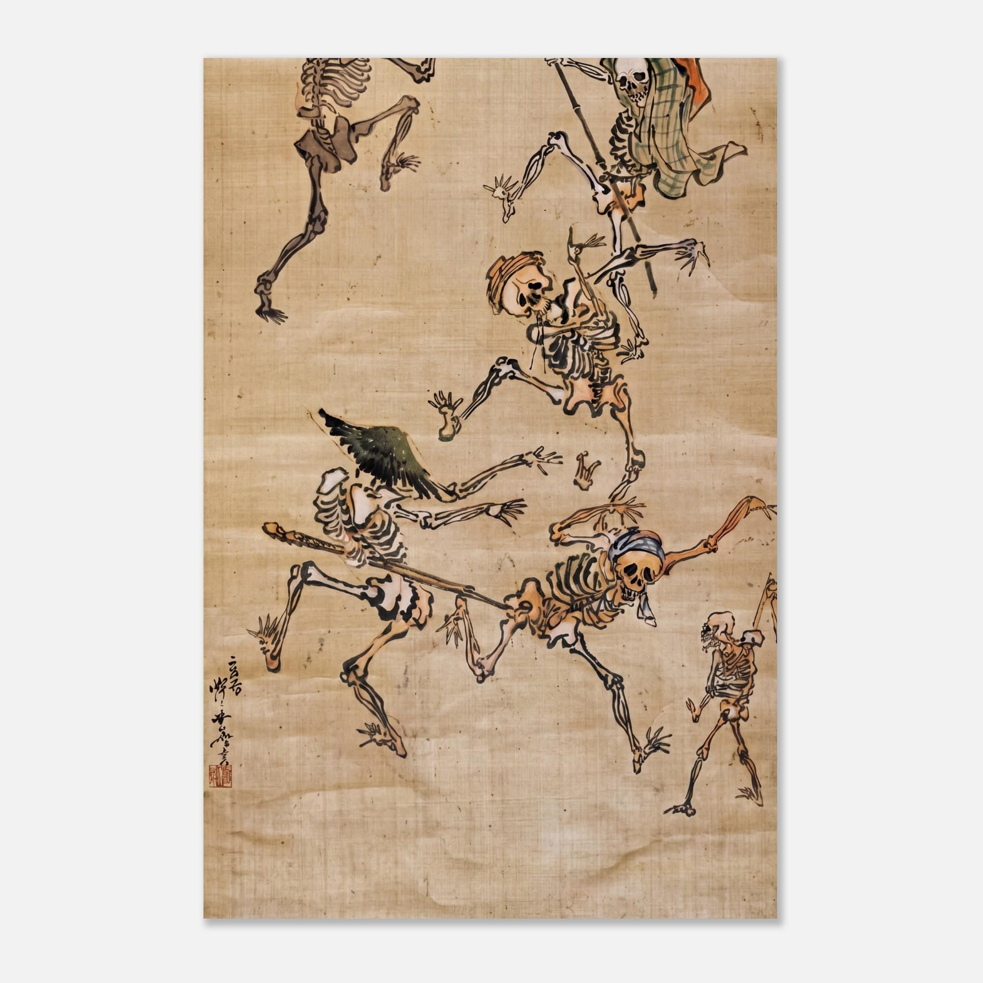 Kawanabe Kyosai Dancing Skeletons Vintage Japanese Sumi e Art Print Dark Academia Skeleton Wall Art Decor Woodblock Asian Art