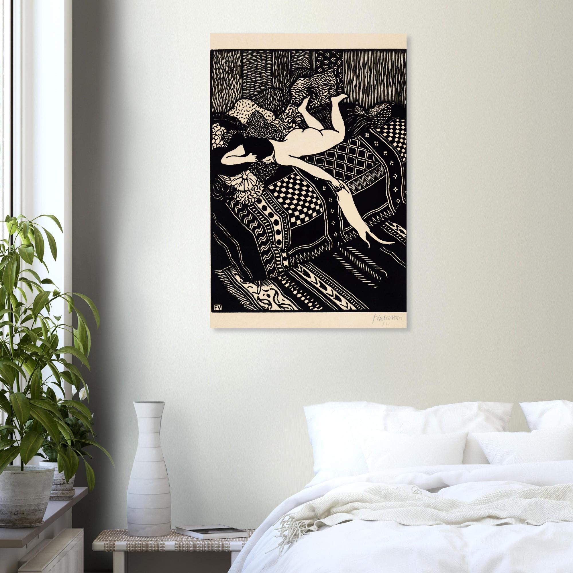 Felix Vallotton La Paresse Art Print | Vintage Woodcut Wall Art | Minimalist Black and White Poster | French Cat Lady Room Decor
