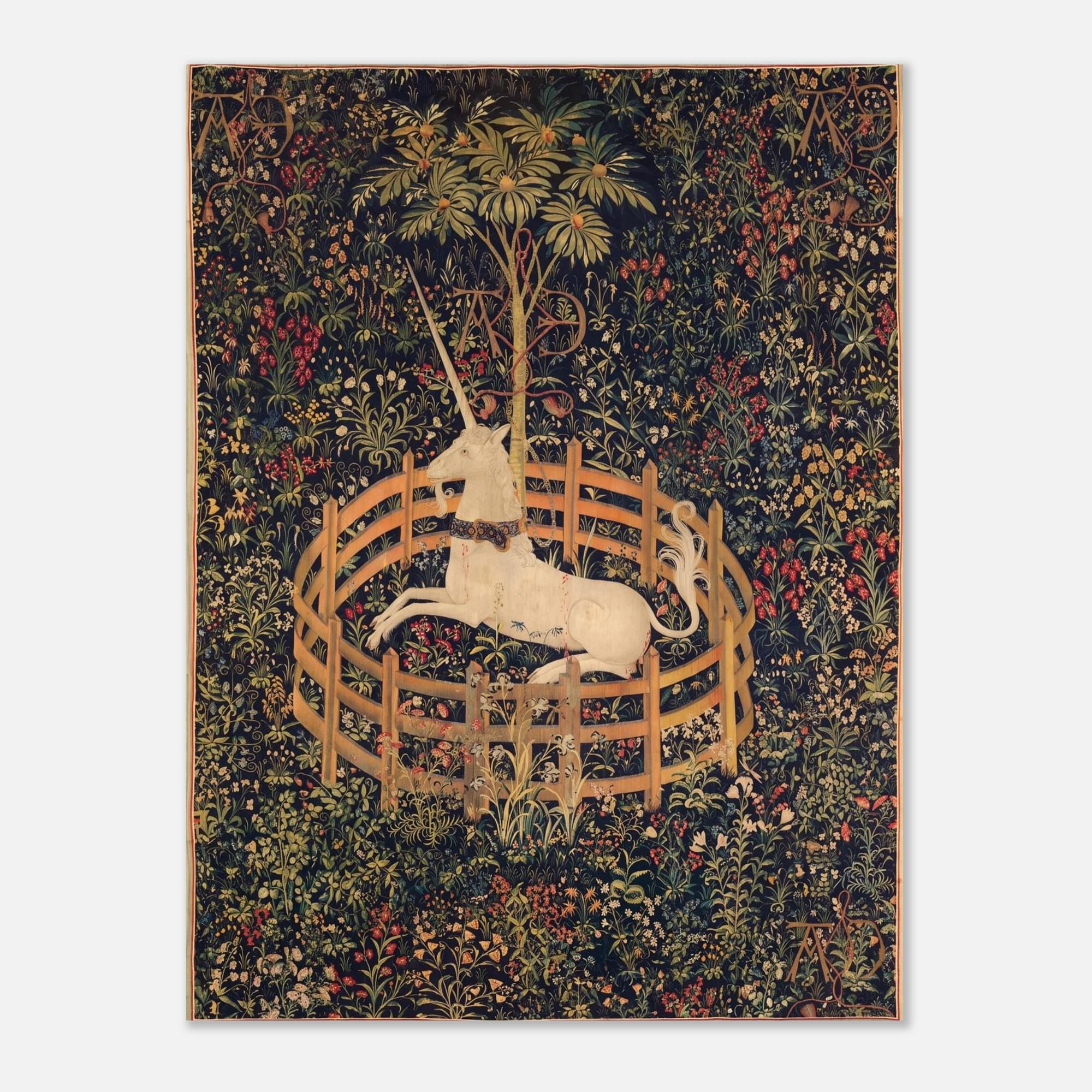 Medieval Unicorn Tapestry Print Vintage Renaissance Wall Art Unicorn In Captivity Poster Dark Gothic Decor Myth Symbolism