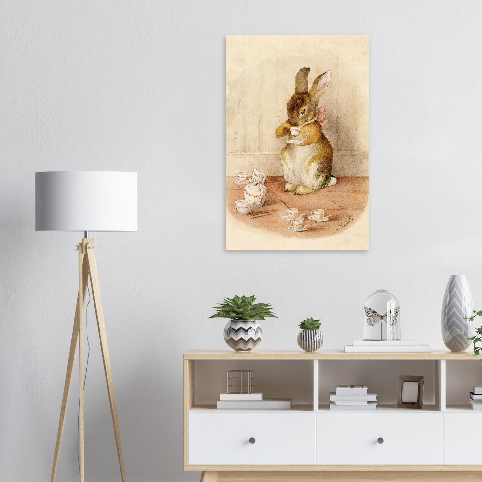 Vintage Rabbit Tea Party Art Print | Whimsical Storybook Wall Decor | Antique Nursery Bunny Illustration | Cottagecore Room Art