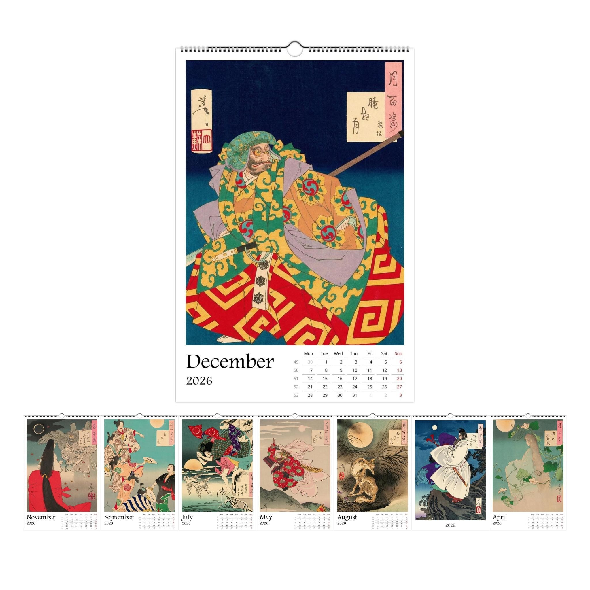 13 Artworks Of Japanese Ukiyo E Woodblock 2026 Wall Calendar 11x16.5, Yoshitoshi, Dark Academia Decor, Samurai Calendar